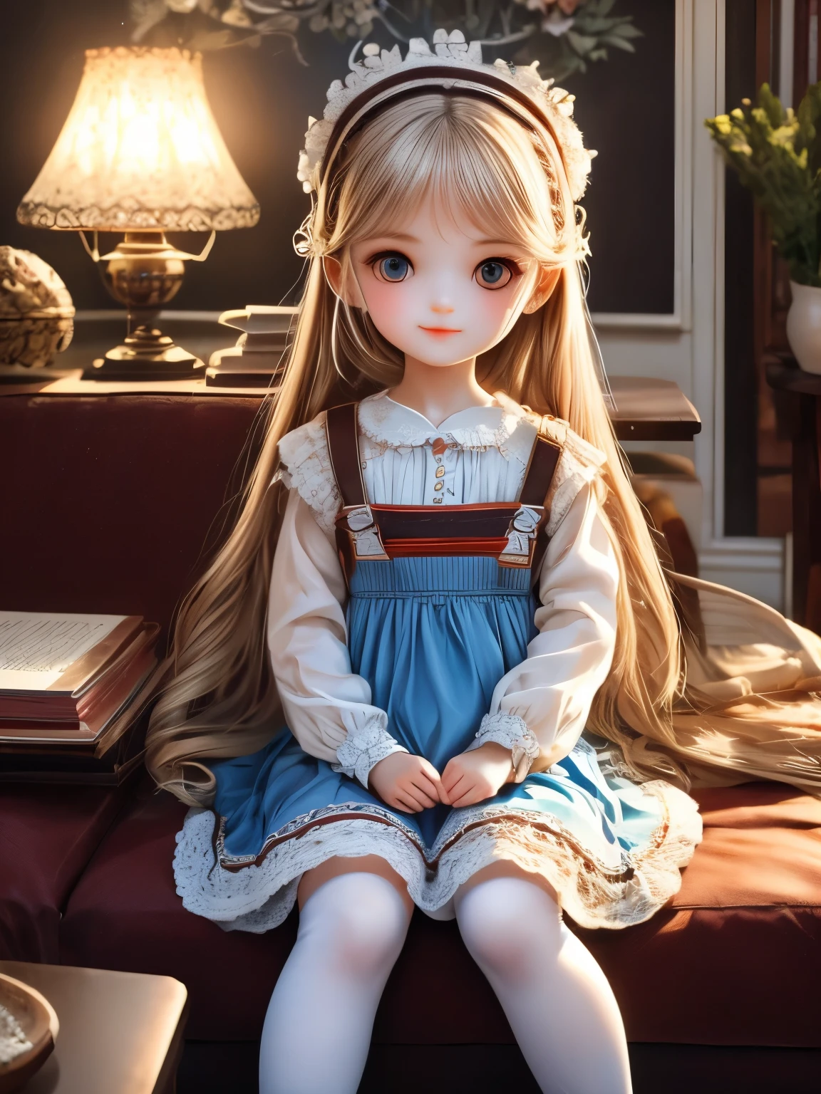 (masterpiece), (best quality), illustration, ultra detailed, hdr, Depth of field, (colorful), ****,alice margatroid,1girl,solo,long hair,blonde hair,white pantyhose,sitting,hairband,looking at viewer,pantyhose,red hairband,indoors,dress,shirt,frills,long sleeves,bangs,book,white shirt,blush,flower,very long hair,lamp,bow,blue eyes,feet out of frame,blue dress,ribbon,blue bow,holding,chair,skirt,bowtie,blue skirt,neck ribbon,puffy sleeves,closed mouth,picture frame,painting (object),couch,collared shirt,cup,frilled dress,picture (object),pinafore dress,Knitted dolls