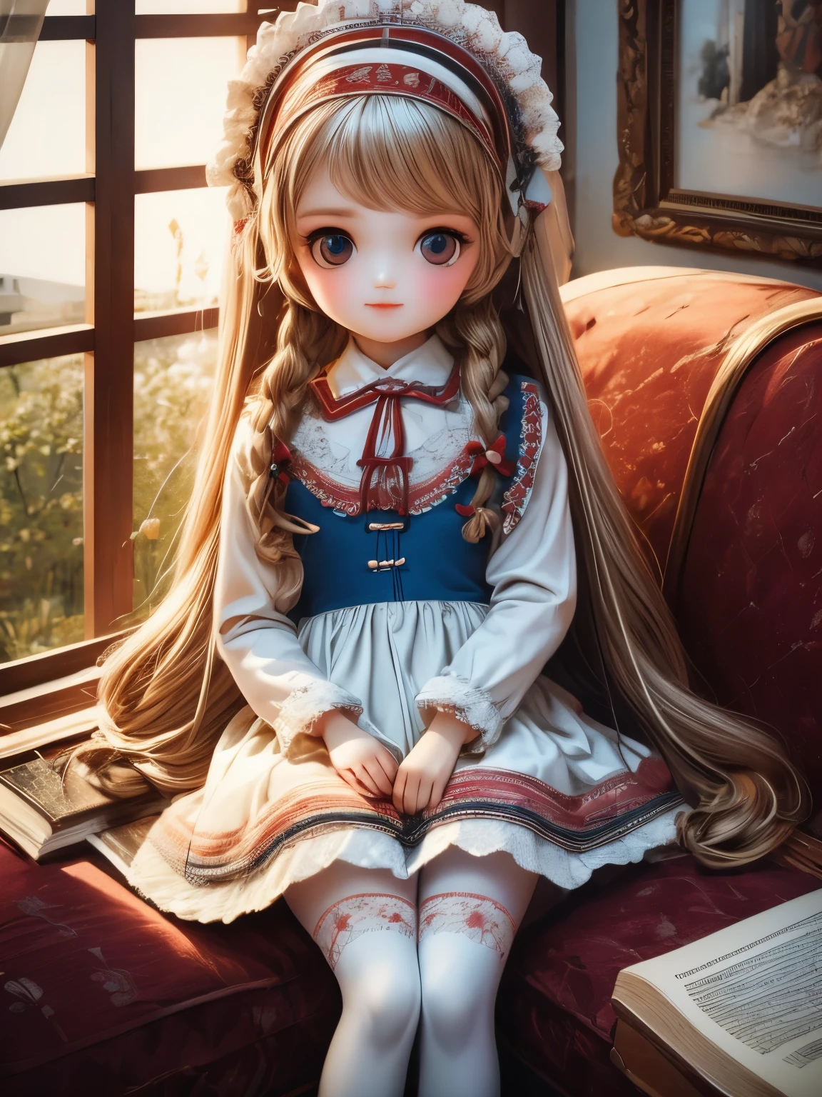 (masterpiece), (best quality), illustration, ultra detailed, hdr, Depth of field, (colorful), ****,alice margatroid,1girl,solo,long hair,blonde hair,white pantyhose,sitting,hairband,looking at viewer,pantyhose,red hairband,indoors,dress,shirt,frills,long sleeves,bangs,book,white shirt,blush,flower,very long hair,lamp,bow,blue eyes,feet out of frame,blue dress,ribbon,blue bow,holding,chair,skirt,bowtie,blue skirt,neck ribbon,puffy sleeves,closed mouth,picture frame,painting (object),couch,collared shirt,cup,frilled dress,picture (object),pinafore dress,Knitted dolls