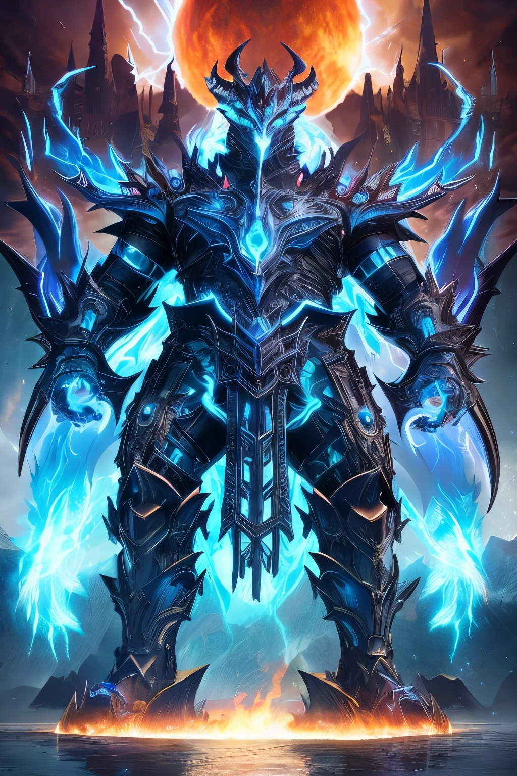 A colossal monstrosity looms in the background, its hulking figure bedecked with armor that glistens under the ethereal light. The armor is intricately adorned with alchemical symbols and ominous runes that seem to pulse with an otherworldly energy. Its face, concealed behind an ornate mask, gleams with the reflected light, revealing piercing glowing eyes that seem to pierce through the souls of onlookers. Wild blue flames dance and surge from its mane, adding to the monster's awe-inspiring presence. Atop its head sits a helm-like headdress, a stunning fusion of modern metals and