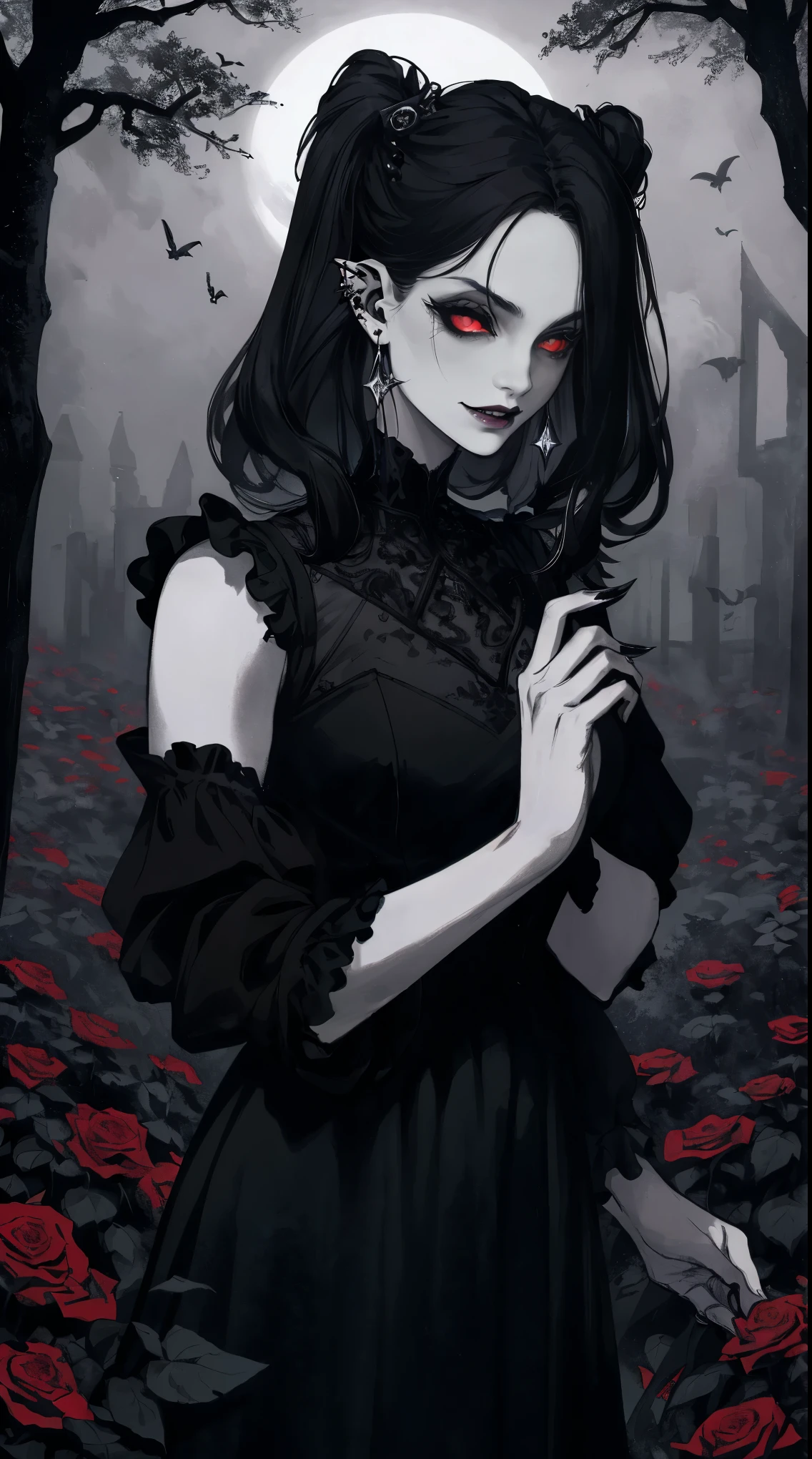 (best quality,highres:1.2),dark and mysterious,detailed black clothing,gothic makeup,black lipstick,pale skin,smoky eyes,long black hair,sharp fangs,red eyes,vampire-like appearance,expressive and piercing gaze,earrings and piercing in the ears,standing in a moonlit garden surrounded by roses,haunting and eerie atmosphere,casting long shadows,subtle moonlight illuminating her features,creating a dramatic and intense effect.