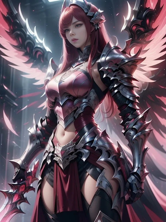 (masterpiece, best quality:1.2), Character design, ((1 girl, solo)), warrior of xian, slim body, medium chest, skinny waist, ((long deep red hair)). blue eyes. (((pink fantasy armor a female knight in a pink full armor))), (((big pauldrons, intricate details))), (((large armor wings))), (((advanced weapon fantasy plasma sword in right hand))), (standing), (((side body view))), plain gray background, masterpiece, HD high quality, 8K ultra high definition, ultra definition,