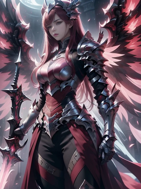 (masterpiece, best quality:1.2), Character design, ((1 girl, solo)), warrior of xian, slim body, medium chest, skinny waist, ((long deep red hair)). blue eyes. (((pink fantasy armor a female knight in a pink full armor))), (((big pauldrons, intricate details))), (((large armor wings))), (((advanced weapon fantasy plasma sword in right hand))), (standing), (((side body view))), plain gray background, masterpiece, HD high quality, 8K ultra high definition, ultra definition,