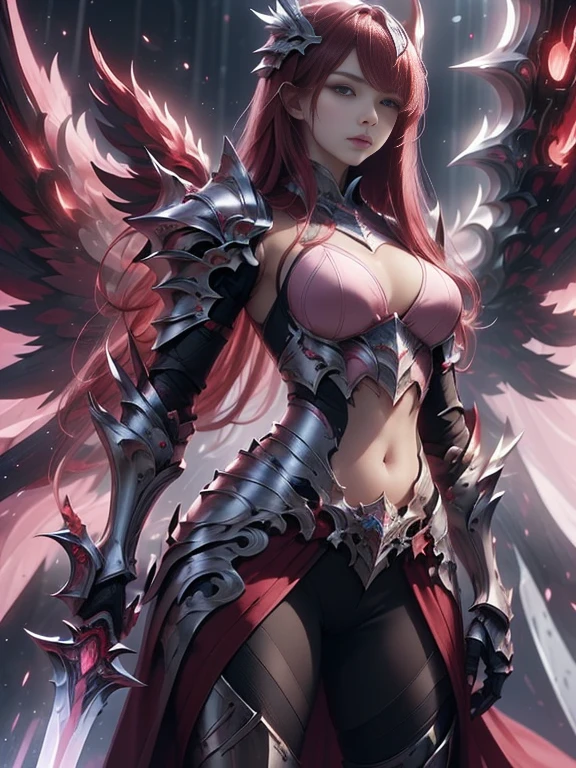 (masterpiece, best quality:1.2), Character design, ((1 girl, solo)), warrior of xian, slim body, medium chest, skinny waist, ((long deep red hair)). blue eyes. (((pink fantasy armor a female knight in a pink full armor))), (((big pauldrons, intricate details))), (((large armor wings))), (((advanced weapon fantasy plasma sword in right hand))), (standing), (((side body view))), plain gray background, masterpiece, HD high quality, 8K ultra high definition, ultra definition,