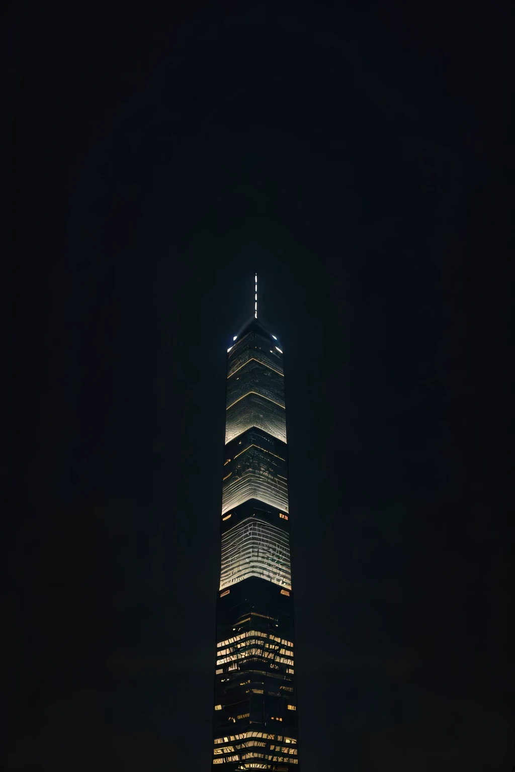 Rectangular skyscraper lit from the'interior against a very dark sky