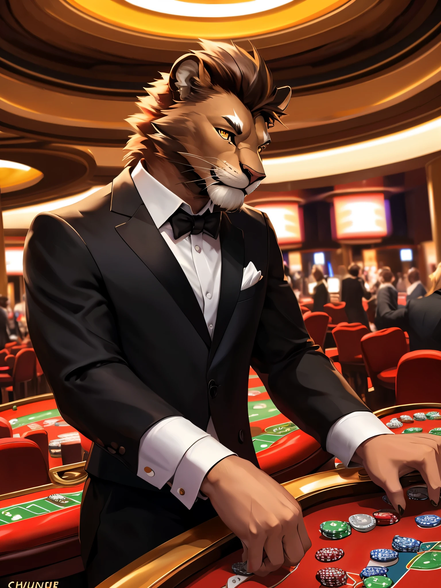 posted on e621, (by Chunie), male, furry, Lion anthro, solo, Yellow eyes, (Realistic eye details 1.2), casino, Black suit, Red tie, win the game, Poker Texas hold'em, Five-card draw, Omaha hold'em), the place is busy with people around the casino, Slim body, full body like, Abstract beauty, ultra detailed face, depth of field, motion blur, high details, high quality, award winning, HD, 16k, (best quality,4k,8k,highres,masterpiece:1.2),ultra-detailed,realistic:1.37,HDR,UHD,studio lighting,extreme detail description,professional,vivid colors,bokeh,lively atmosphere, natural lighting