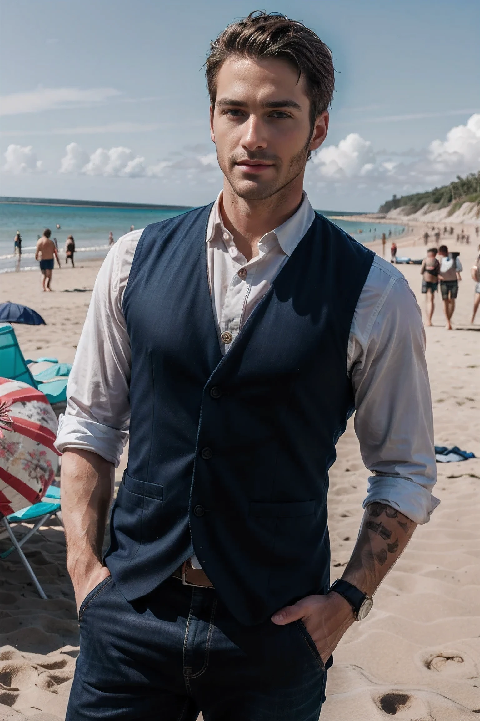 Realistic photography, Handsome man wearing a vest ,beach
