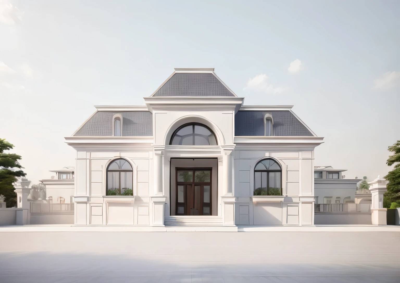 masterpiece, (photorealistic:1.2), best quality, ultra high res, exterior,architechture,modern house,white wall, glass windows,trees around, blue sky,in the style of realistic hyper-detailed rendering, luxury neoclassical villa, in the style of neoclassical scenes, white, daylight, best quality