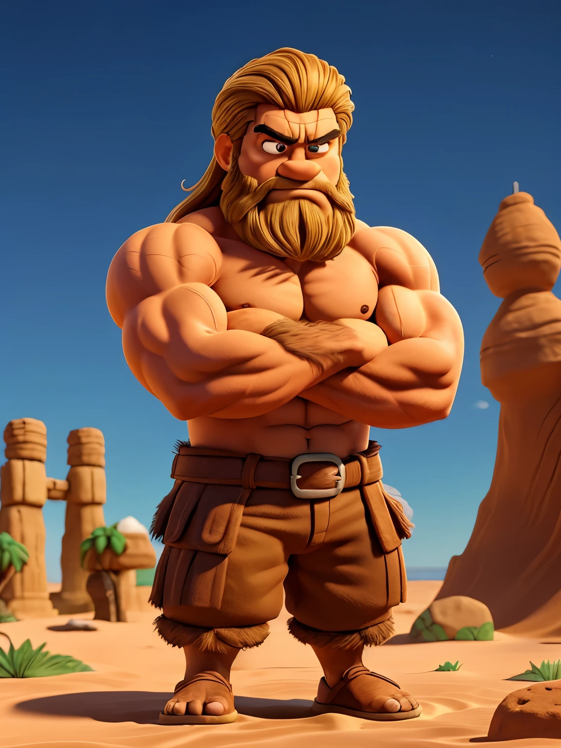 Angry Samson with his arms crossed looking forward, strong arms, cabelo comprido, barba espessa, pele bronzeada, 35 anos, nariz grande, fundo de deserto, clothing made of fur, Bible