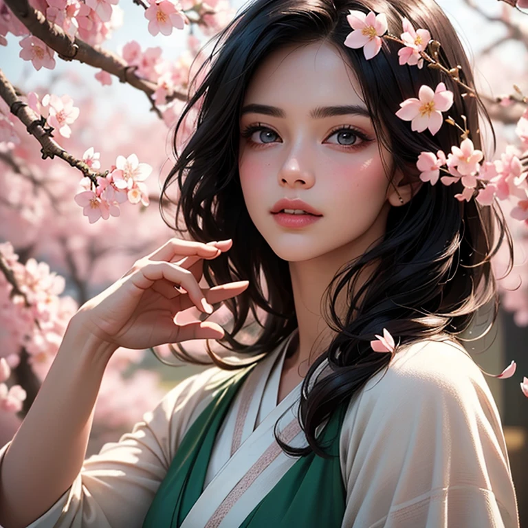 best quality,4k,8k,highres,masterpiece:1.2,ultra-detailed,(realistic,photorealistic,photo-realistic:1.37),portraits,beautiful detailed eyes,beautiful detailed lips,extremely detailed eyes and face,longeyelashes,lemon yellow,soft and warm lighting,medium:oil painting,magnificent cherry blossom,gorgeous woman,gaze captivating,flowing black hair,gentle smile,pink cherry blossoms surrounding,delicate petals,serene garden setting,subtle fragrance in the air,ethereal atmosphere,exquisite kimono,natural grace and elegance,fantastic color palette,sublime beauty of nature,breathtaking artwork,meticulous brushstrokes,lifelike depiction of flowers,subtly shaded contours of the face,vivid colors,vibrant pink and green,serene and peaceful ambiance,enchanting scene,tranquil expression on woman's face,harmonious composition,graceful posture,delicate details of the cherry blossoms,soft and dreamlike colors,sunlight filtering through the trees,playful breeze rustling the petals,romantic and dreamy feel,exquisite portrayal of femininity,dazzling and radiant ambiance.