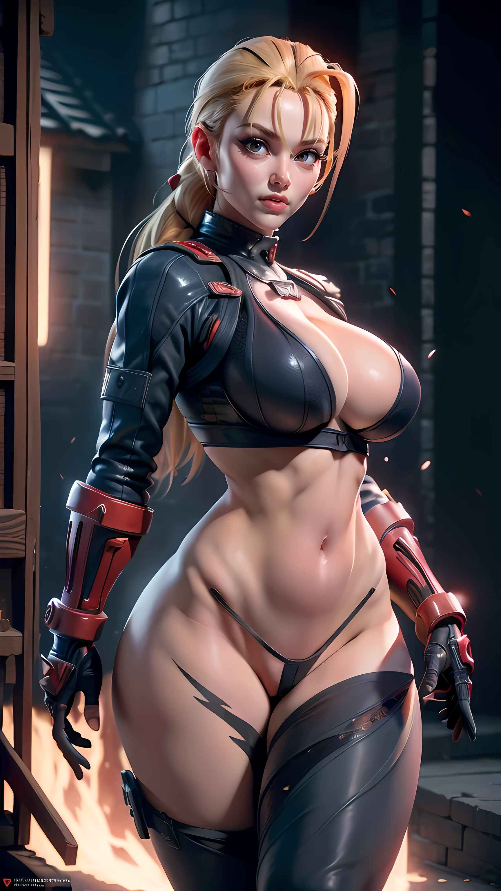 ((Best quality)), ((Masterpiece)), ((Realistic)) and ultra-detailed photography of a Cammy, (realistic:1.2), (realism), (masterpiece:1.2), (best quality), (ultra detailed),(8k, 4k, intricate),light particles, lighting, (highly detailed:1.2), (black lingerie), (huge breasts:1.5), pinkhigh tights, blonde hair