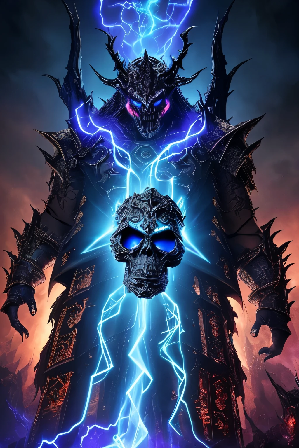 A colossal monstrosity looms before you, its menacing figure exuding an air of raw power and terror. The intricately armored body of this behemoth is adorned with alchemical symbols and ominous runes, etched with meticulous precision into the dark, metallic surface. The armor seems to shift and pulse, as if alive, casting long, flickering shadows over the ground.
Partially veiled by an ornate, skull-like mask, the monstrosity's face reveals glowing, otherworldly eyes, their intensity piercing through the darkness. Wild, electric blue flames surge from its matted, fiery hair, twisting