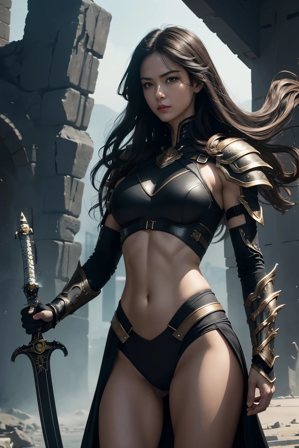8K,A female demon slayer who threw a long, large sword.,Super beautiful(like the real thing),luxurious black chest armor,luxury white coat,luxurious black shoulder armor,luxury black gauntlets,luxury black leg armor,muscular slim body,Violent and strongly cracked abdominal muscles,hazel eyes,clear eyes,red lips,black curly hair,sexy battle suit,masterpiece,Photorealistic RAW photos of the highest quality。bright colors,rich colors, Backlight, cinematic lighting, film grain, to be born, 50mm lens, Nikon D850,detailed character art,fantasy art,ultra high resolution,super realistic skin,perfect hand shape,In front of the ruins,dynamic pose,Close-up,fighting pose,action scene,Martial Arts Posture,luxury white coat,