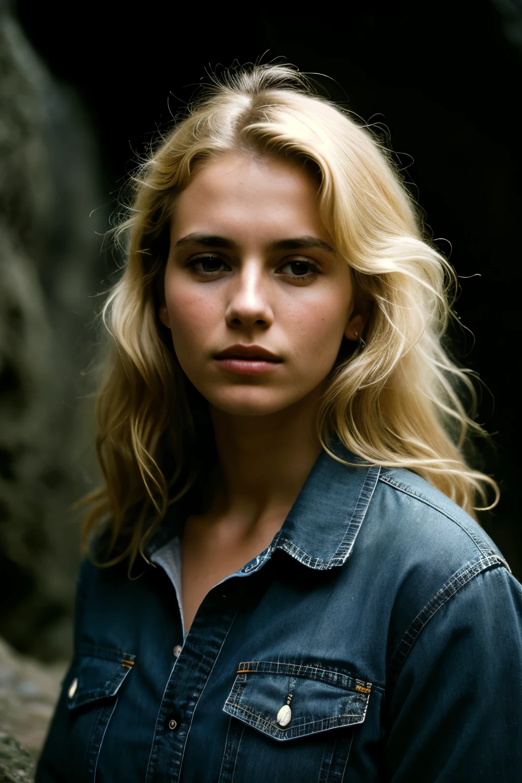 photograph of a woman, (troubled facial expression), textured skin, goosebumps, blonde afro hair, plaid flannel shirt with distressed boyfriend jeans, cowboy shot, dark and mysterious cave with unique rock formations and hidden wonders, perfect eyes, (candlelight,chiaroscuro), Porta 160 color, shot on ARRI ALEXA 65, bokeh, sharp focus on subject, shot by Don McCullin