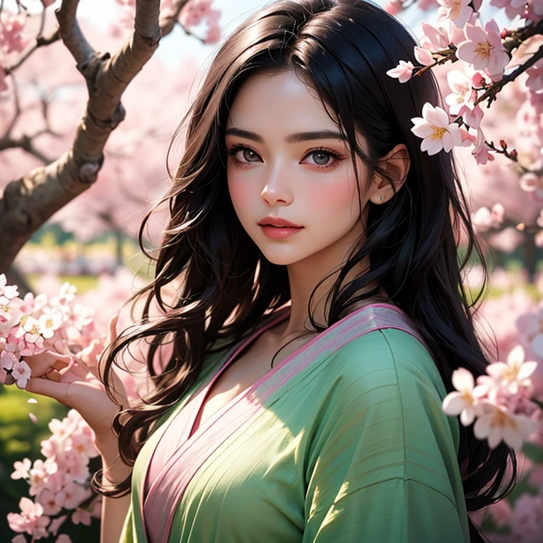 best quality,4k,8k,highres,masterpiece:1.2,ultra-detailed,(realistic,photorealistic,photo-realistic:1.37),portraits,beautiful detailed eyes,beautiful detailed lips,extremely detailed eyes and face,longeyelashes,lemon yellow,soft and warm lighting,medium:oil painting,magnificent cherry blossom,gorgeous woman,gaze captivating,flowing black hair,gentle smile,pink cherry blossoms surrounding,delicate petals,serene garden setting,subtle fragrance in the air,ethereal atmosphere,exquisite kimono,natural grace and elegance,fantastic color palette,sublime beauty of nature,breathtaking artwork,meticulous brushstrokes,lifelike depiction of flowers,subtly shaded contours of the face,vivid colors,vibrant pink and green,serene and peaceful ambiance,enchanting scene,tranquil expression on woman's face,harmonious composition,graceful posture,delicate details of the cherry blossoms,soft and dreamlike colors,sunlight filtering through the trees,playful breeze rustling the petals,romantic and dreamy feel,exquisite portrayal of femininity,dazzling and radiant ambiance.