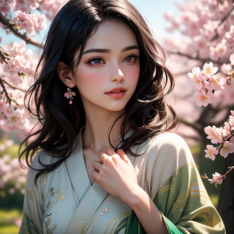 best quality,4k,8k,highres,masterpiece:1.2,ultra-detailed,(realistic,photorealistic,photo-realistic:1.37),portraits,beautiful detailed eyes,beautiful detailed lips,extremely detailed eyes and face,longeyelashes,lemon yellow,soft and warm lighting,medium:oil painting,magnificent cherry blossom,gorgeous woman,gaze captivating,flowing black hair,gentle smile,pink cherry blossoms surrounding,delicate petals,serene garden setting,subtle fragrance in the air,ethereal atmosphere,exquisite kimono,natural grace and elegance,fantastic color palette,sublime beauty of nature,breathtaking artwork,meticulous brushstrokes,lifelike depiction of flowers,subtly shaded contours of the face,vivid colors,vibrant pink and green,serene and peaceful ambiance,enchanting scene,tranquil expression on woman's face,harmonious composition,graceful posture,delicate details of the cherry blossoms,soft and dreamlike colors,sunlight filtering through the trees,playful breeze rustling the petals,romantic and dreamy feel,exquisite portrayal of femininity,dazzling and radiant ambiance.