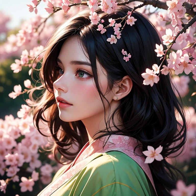 best quality,4k,8k,highres,masterpiece:1.2,ultra-detailed,(realistic,photorealistic,photo-realistic:1.37),portraits,beautiful detailed eyes,beautiful detailed lips,extremely detailed eyes and face,longeyelashes,lemon yellow,soft and warm lighting,medium:oil painting,magnificent cherry blossom,gorgeous woman,gaze captivating,flowing black hair,gentle smile,pink cherry blossoms surrounding,delicate petals,serene garden setting,subtle fragrance in the air,ethereal atmosphere,exquisite kimono,natural grace and elegance,fantastic color palette,sublime beauty of nature,breathtaking artwork,meticulous brushstrokes,lifelike depiction of flowers,subtly shaded contours of the face,vivid colors,vibrant pink and green,serene and peaceful ambiance,enchanting scene,tranquil expression on woman's face,harmonious composition,graceful posture,delicate details of the cherry blossoms,soft and dreamlike colors,sunlight filtering through the trees,playful breeze rustling the petals,romantic and dreamy feel,exquisite portrayal of femininity,dazzling and radiant ambiance.