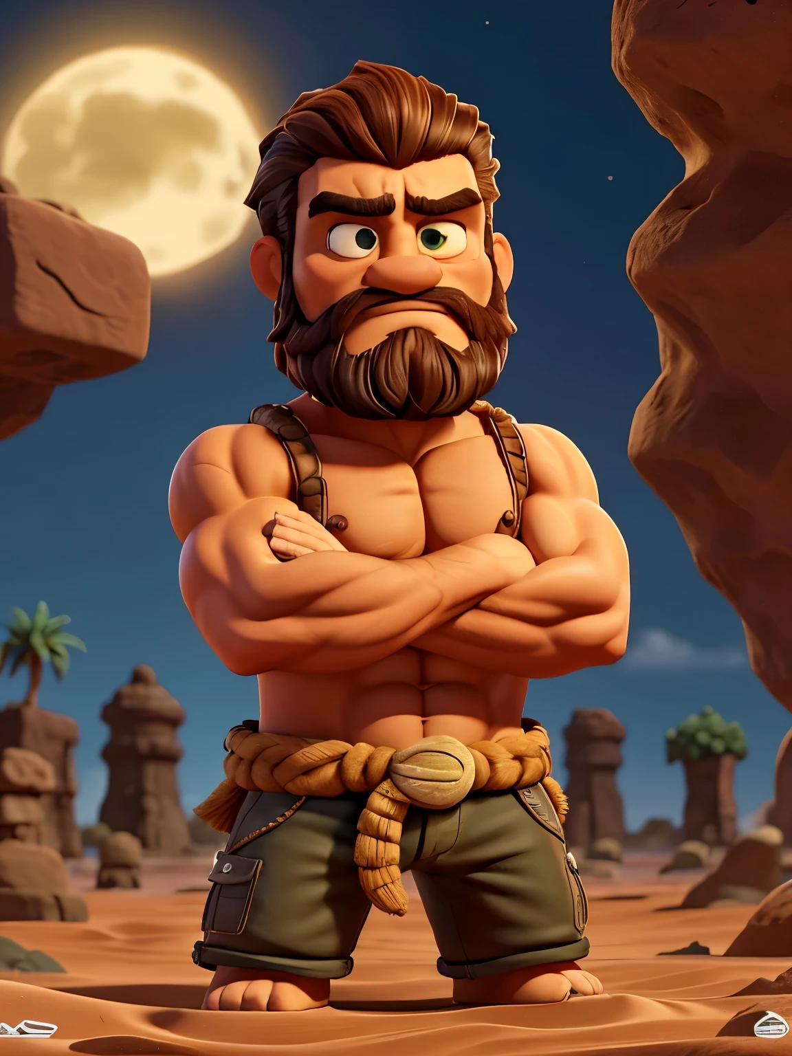 Angry Samson with his arms crossed looking forward, angry expression, strong arms, cabelo comprido, barba espessa, pele bronzeada, 35 anos, nariz grande, fundo de deserto, clothing made of fur, Bible