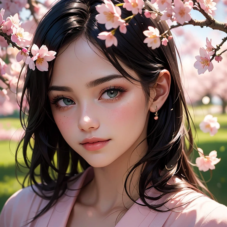 best quality,4k,8k,highres,masterpiece:1.2,ultra-detailed,(realistic,photorealistic,photo-realistic:1.37),portraits,beautiful detailed eyes,beautiful detailed lips,extremely detailed eyes and face,longeyelashes,lemon yellow,soft and warm lighting,medium:oil painting,magnificent cherry blossom,gorgeous woman,gaze captivating,flowing black hair,gentle smile,pink cherry blossoms surrounding,delicate petals,serene garden setting,subtle fragrance in the air,ethereal atmosphere,exquisite kimono,natural grace and elegance,fantastic color palette,sublime beauty of nature,breathtaking artwork,meticulous brushstrokes,lifelike depiction of flowers,subtly shaded contours of the face,vivid colors,vibrant pink and green,serene and peaceful ambiance,enchanting scene,tranquil expression on woman's face,harmonious composition,graceful posture,delicate details of the cherry blossoms,soft and dreamlike colors,sunlight filtering through the trees,playful breeze rustling the petals,romantic and dreamy feel,exquisite portrayal of femininity,dazzling and radiant ambiance.