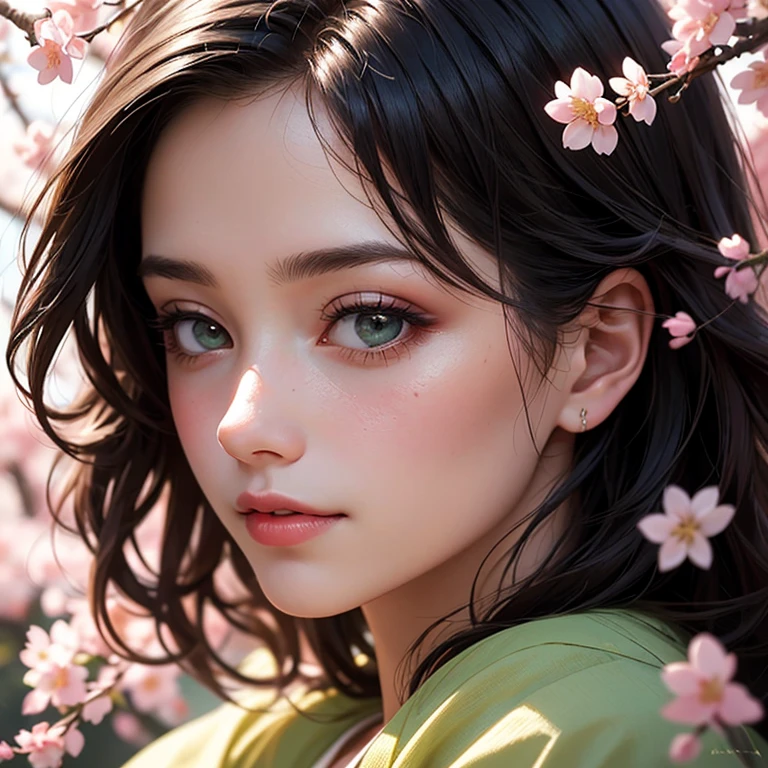 best quality,4k,8k,highres,masterpiece:1.2,ultra-detailed,(realistic,photorealistic,photo-realistic:1.37),portraits,beautiful detailed eyes,beautiful detailed lips,extremely detailed eyes and face,longeyelashes,lemon yellow,soft and warm lighting,medium:oil painting,magnificent cherry blossom,gorgeous woman,gaze captivating,flowing black hair,gentle smile,pink cherry blossoms surrounding,delicate petals,serene garden setting,subtle fragrance in the air,ethereal atmosphere,exquisite kimono,natural grace and elegance,fantastic color palette,sublime beauty of nature,breathtaking artwork,meticulous brushstrokes,lifelike depiction of flowers,subtly shaded contours of the face,vivid colors,vibrant pink and green,serene and peaceful ambiance,enchanting scene,tranquil expression on woman's face,harmonious composition,graceful posture,delicate details of the cherry blossoms,soft and dreamlike colors,sunlight filtering through the trees,playful breeze rustling the petals,romantic and dreamy feel,exquisite portrayal of femininity,dazzling and radiant ambiance.