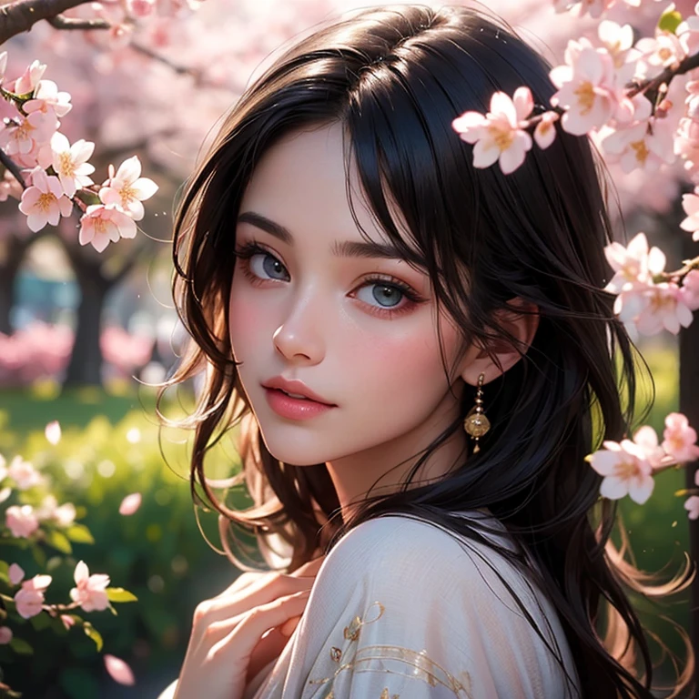 best quality,4k,8k,highres,masterpiece:1.2,ultra-detailed,(realistic,photorealistic,photo-realistic:1.37),portraits,beautiful detailed eyes,beautiful detailed lips,extremely detailed eyes and face,longeyelashes,lemon yellow,soft and warm lighting,medium:oil painting,magnificent cherry blossom,gorgeous woman,gaze captivating,flowing black hair,gentle smile,pink cherry blossoms surrounding,delicate petals,serene garden setting,subtle fragrance in the air,ethereal atmosphere,exquisite kimono,natural grace and elegance,fantastic color palette,sublime beauty of nature,breathtaking artwork,meticulous brushstrokes,lifelike depiction of flowers,subtly shaded contours of the face,vivid colors,vibrant pink and green,serene and peaceful ambiance,enchanting scene,tranquil expression on woman's face,harmonious composition,graceful posture,delicate details of the cherry blossoms,soft and dreamlike colors,sunlight filtering through the trees,playful breeze rustling the petals,romantic and dreamy feel,exquisite portrayal of femininity,dazzling and radiant ambiance.