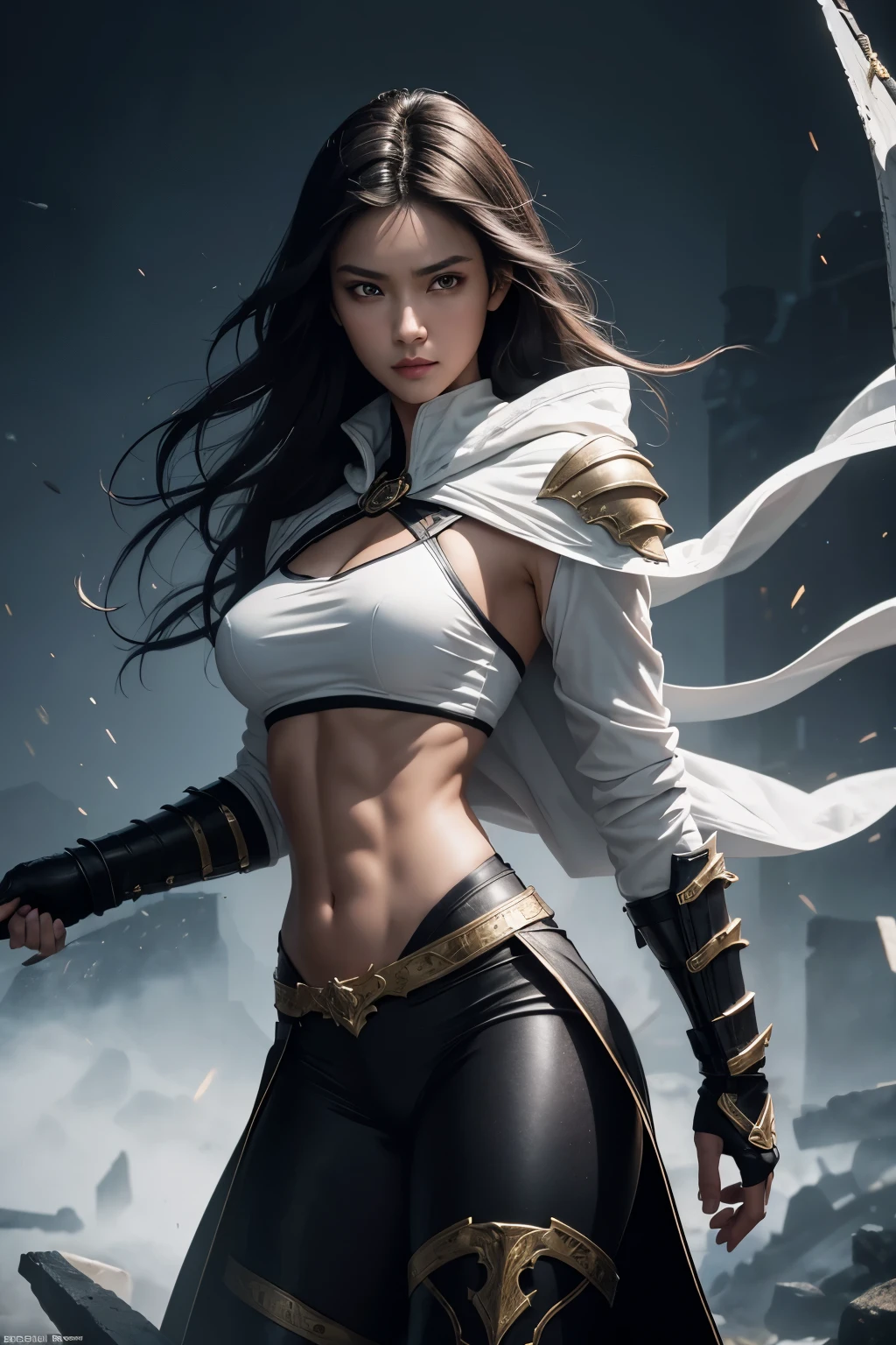 8K,A female demon slayer who threw a long, large sword.,Super beautiful(like the real thing),luxurious black chest armor,luxury white coat,luxurious black shoulder armor,luxury black gauntlets,luxury black leg armor,muscular slim body,Violent and strongly cracked abdominal muscles,hazel eyes,clear eyes,red lips,black curly hair,sexy battle suit,masterpiece,Photorealistic RAW photos of the highest quality。bright colors,rich colors, Backlight, cinematic lighting, film grain, to be born, 50mm lens, Nikon D850,detailed character art,fantasy art,ultra high resolution,super realistic skin,perfect hand shape,In front of the ruins,dynamic pose,Close-up,fighting pose,action scene,Martial Arts Posture,luxury white coat,