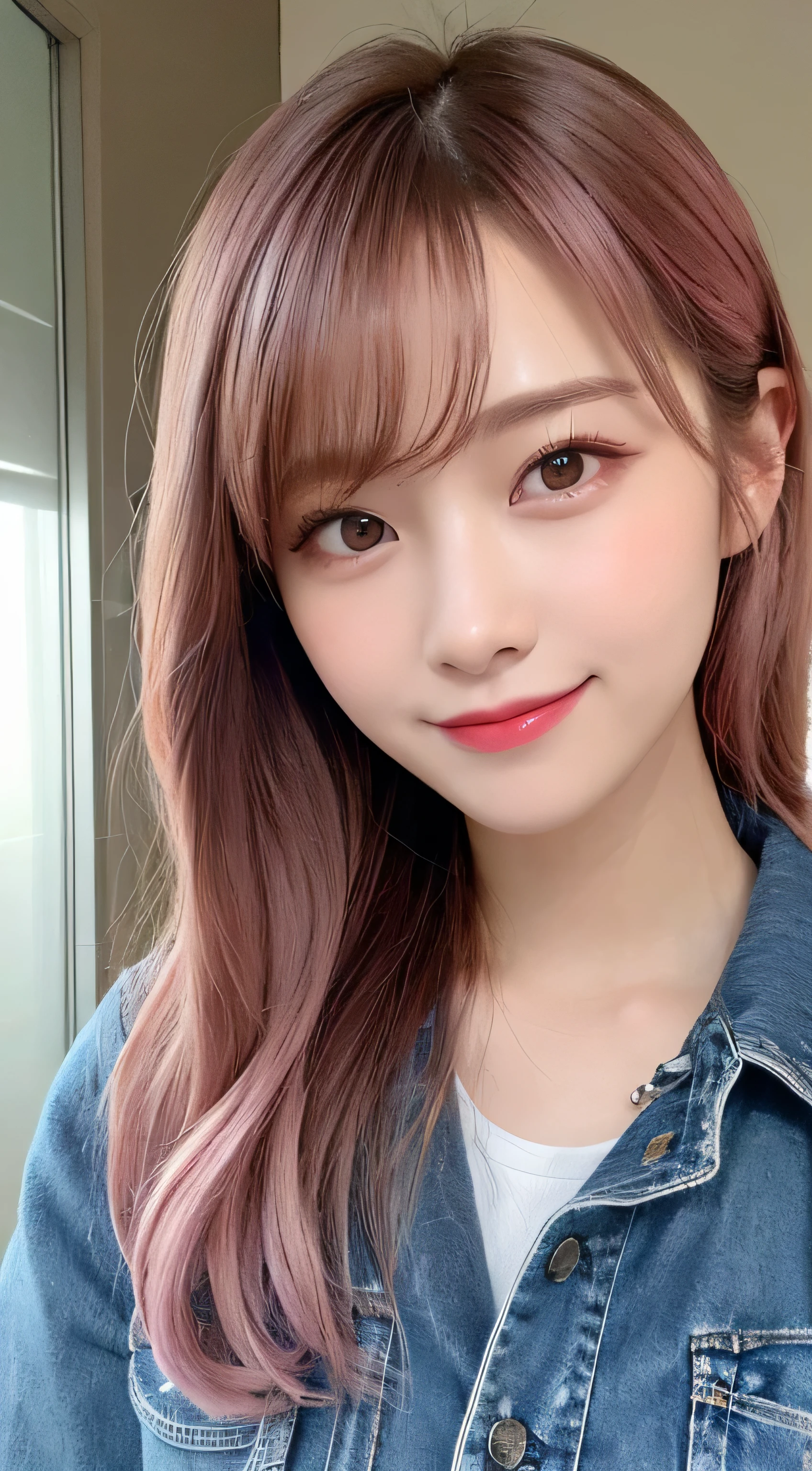 (Best quality details)、realistic、8K Ultra HD、high resolution、(1 girl in:1.2)、(pink hair), The Super detailed、high quality texture、intricate details、Super detailed、Very detailed CG、High quality shadows、Beautiful and delicate face with details、Beautiful and delicate eyes with details、depth of field、Ray tracing、in my 20s、beautiful kpop girl、(Korean Urzan face)、face slimming、(Urzan-6500-v1.1:0.6)、Pure love face_v1、glowing eyes、Perfect body、 look at the audience、(Best quality details:1.2)、realistic、8K Ultra HD、high resolution、(1 girl in:1.2)、The Super detailed、high quality texture、intricate details、Teak、glossy lips,(Exquisite and the most beautiful smile)、高水平图像quality, highest image quality, top quality, Realism, 4K 8K Ultra HD Full Color RAW Photos, Fujifilm(medium format), Hasselblad, Carl Zeiss, (knee shot)、high resolution, High pixel count, clear details, clear image, Natural color reproduction, Noise reduction, high fidelity, quality, optimization algorithm, Professional grade retouching,(pink hair),  (long)、(layered hairstyle), Describe beautiful and fine hair、white cardigan、Cute sleeves、Ripped jeans、Go to the bathroom at night、Neon lights、(Exquisite and the most beautiful smile),