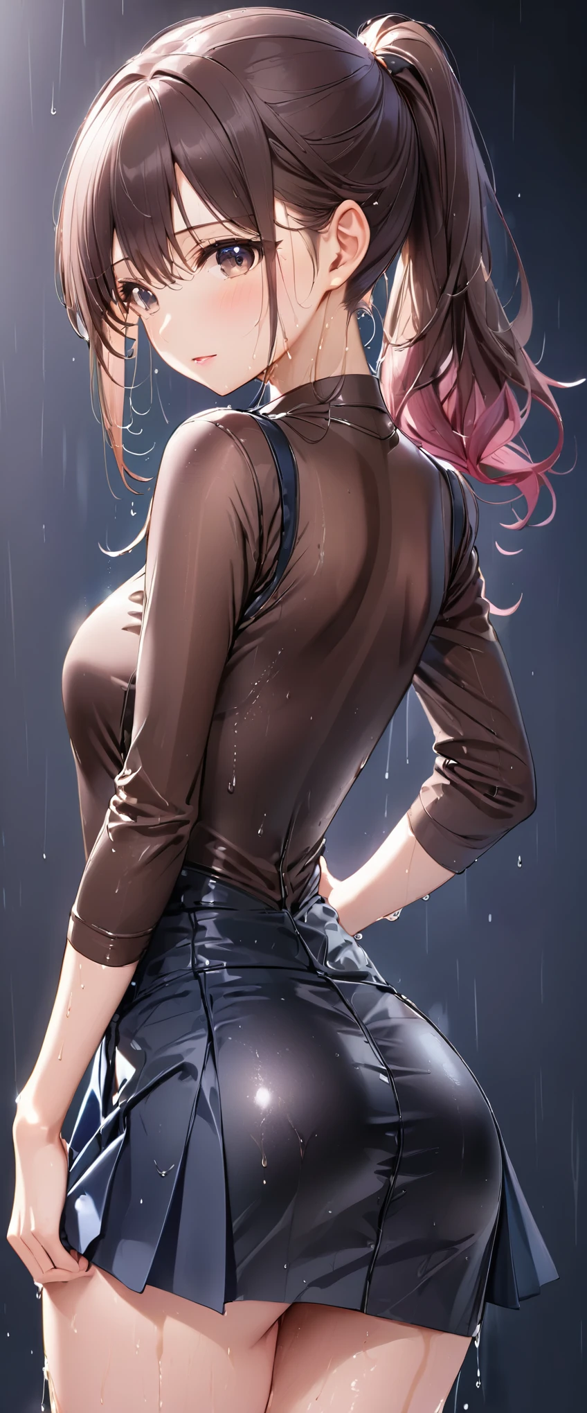 (masterpiece,highest quality,超A high resolution),japanese woman, (((Very beautiful 25 year old girl))), pretty girl、look at the photographer、 ((beautiful low ponytail)), super cute face, glossy lips, double eyelids in both eyes,natural smile、 natural makeup, long eyelashes, Shiny and smooth hair、center image, perfect limbs, perfect anatomy,(((bodysuit and tight skirt)))、(((turn around and look back)),wet with sweat,
