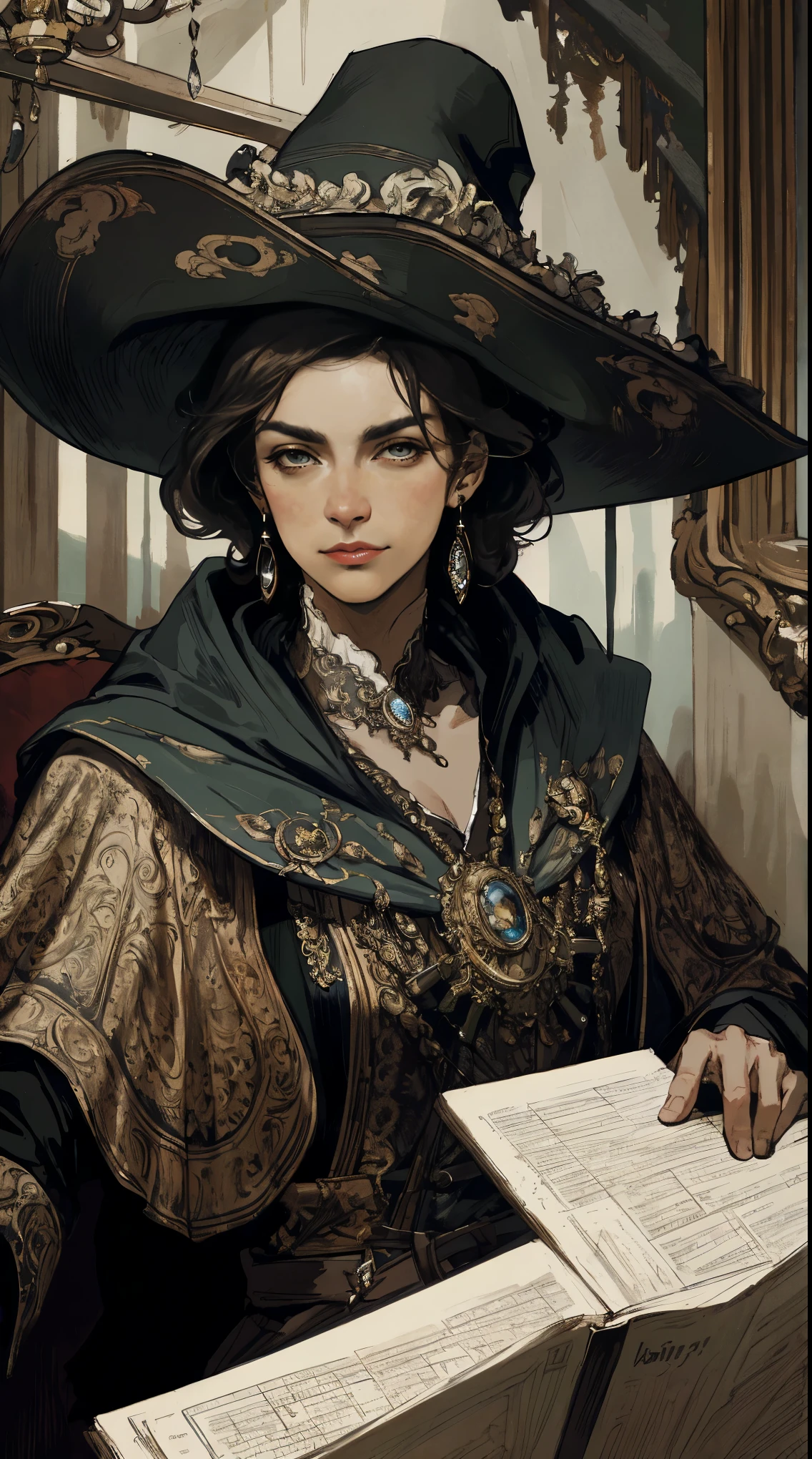 best quality,4k,8k,highres,masterpiece:1.2,ultra-detailed,realistic:1.37,portrait,fine oil painting,classic,aged,studio lighting,vivid colors,detailed texture,sharp focus,delicate brush strokes,dramatic lighting,bold shadows,antique atmosphere,wealthy pirate,Bucanero del 1750,confident look,elaborate attire,elegant hat,flowing cape,exquisite accessories,detailed facial features,intense gaze,ornate decor,treasure maps,old ship in the background,mysterious atmosphere,turbulent sea,dramatic clouds,historical setting