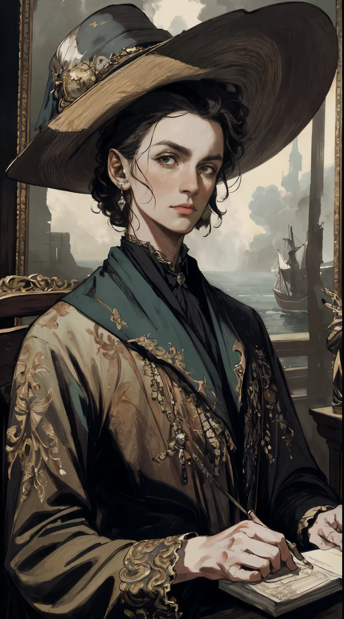 best quality,4k,8k,highres,masterpiece:1.2,ultra-detailed,realistic:1.37,portrait,fine oil painting,classic,aged,studio lighting,vivid colors,detailed texture,sharp focus,delicate brush strokes,dramatic lighting,bold shadows,antique atmosphere,wealthy pirate,Bucanero del 1750,confident look,elaborate attire,elegant hat,flowing cape,exquisite accessories,detailed facial features,intense gaze,ornate decor,treasure maps,old ship in the background,mysterious atmosphere,turbulent sea,dramatic clouds,historical setting