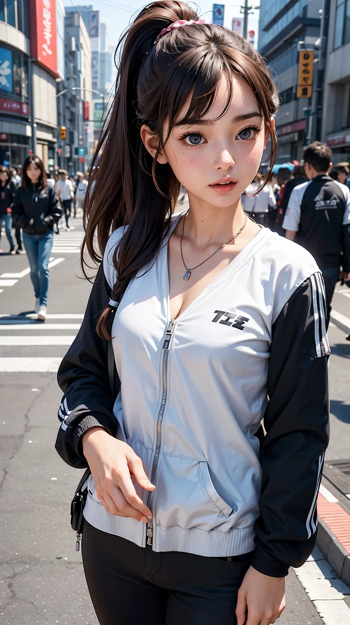 Better Quality Parts:1.2, Realistic, 8k contract, A high resolution, 1 girl in:1.2, The ultra detailed, high quality textures, complex parts, details, Highly detailed computer graphics, High quality shadows, Detail Beautiful Delicate Face, Detail Beautiful Delicate Eyes, depth of field, ray tracing, in her 20s, Cute pop girl, Korean Urzan Face:1.1, slender face, Olzhan -6500-v1.1:0.6, clean face_v1, Glowing eyes, straight, glossy lips, Perfect body, Necklace、neckline on the chest、 Brown hair、Ponytail:1.1, street, particle, look at the viewer, ФотоRealistic:1.4, ultra detailed, realistic photos, 4K 8k contract Full Color RAW Photos, Fujifilm(Medium format:1.2), Hasselblad:1.2, Carl Zeiss:1.1, Incredible Dynamic Range Photography(UTIL_Art Smoose-768:1.1), A high resolution, A large number of pixels, clear details, sharp image, True-to-life color reproduction, noise reduction, High precision, quality, Software Improvements, Upscaling, Optimized algorithms, Professional-grade retouching、((Shibuya, Tokyo Prefecture))、On the way to go shopping、((Fashionable clothes with a very high design))、Casual tracksuit: Sports and casual tracksuit、Fashionable style
]