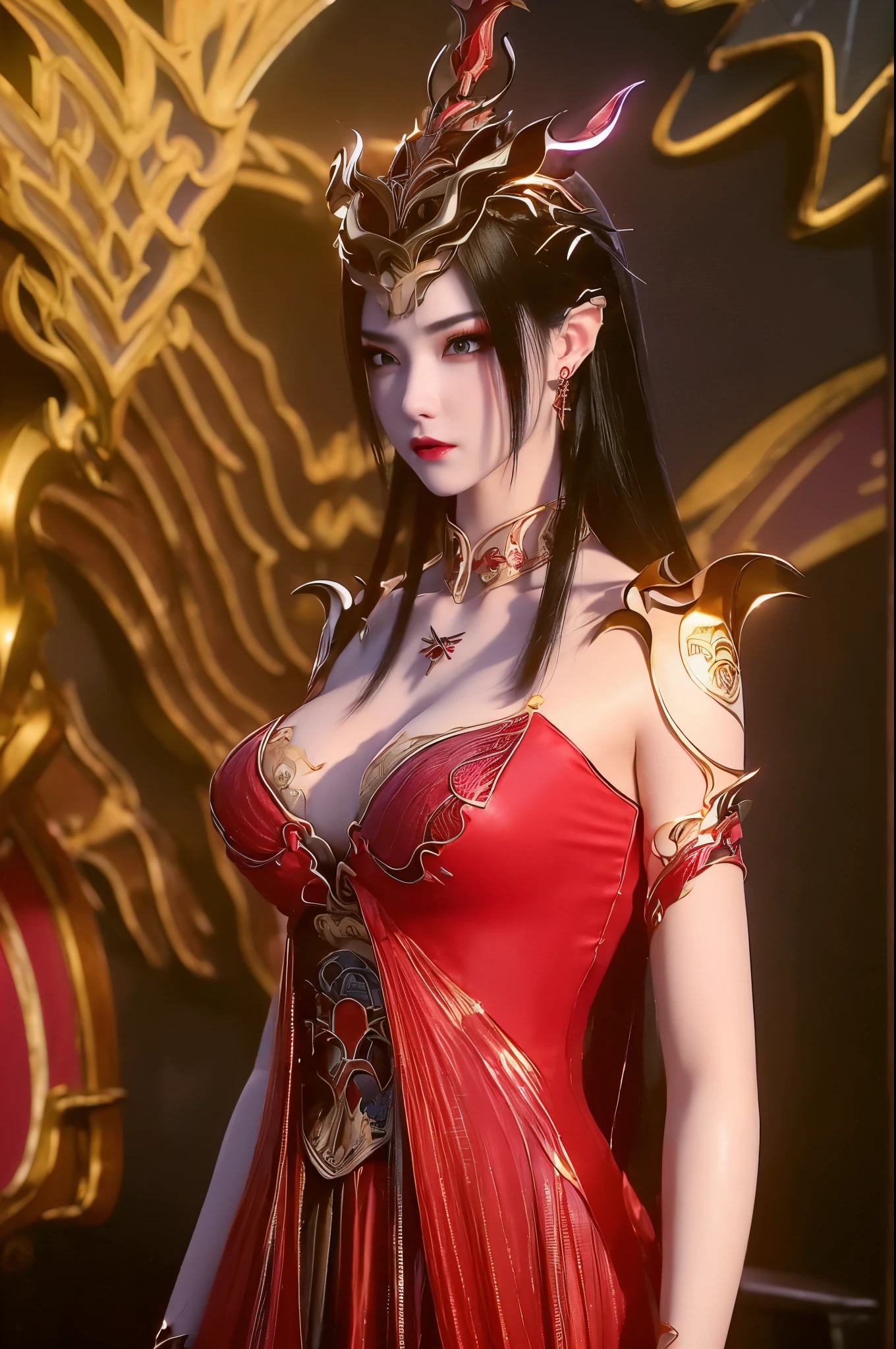 1 very beautiful queen medusha in hanfu dress, thin red silk shirt with many yellow motifs, black lace top, crown on her head, long hair dyed black, beautiful hair jewelry, pretty face pretty and cute, perfect face, earring jewelry, light purple rabbit ears, antique jewelry, big red eyes, sharp eye makeup, meticulous makeup eyelashes, thin eyebrows, nose tall, pretty red lips, no smile, pursed lips, rosy cheeks, wide breasts, big breasts, well-proportioned breasts, slim waist, red mesh stockings with black lace, Chinese hanfu style, fictional art patterns, colors vivid and realistic, RAW photos, realistic photos, ultra-high quality 8k surreal photos, cool photos, (virtual lighting effects: 1.8), 10x pixels, magic effects (background): 1.8), super detailed eyes, beautiful girl body portrait, girl alone, ancient hanfu background, looking directly at the audience, wide original photo, 8k quality, super sharp, detailed and clear picture best, detailed light background
