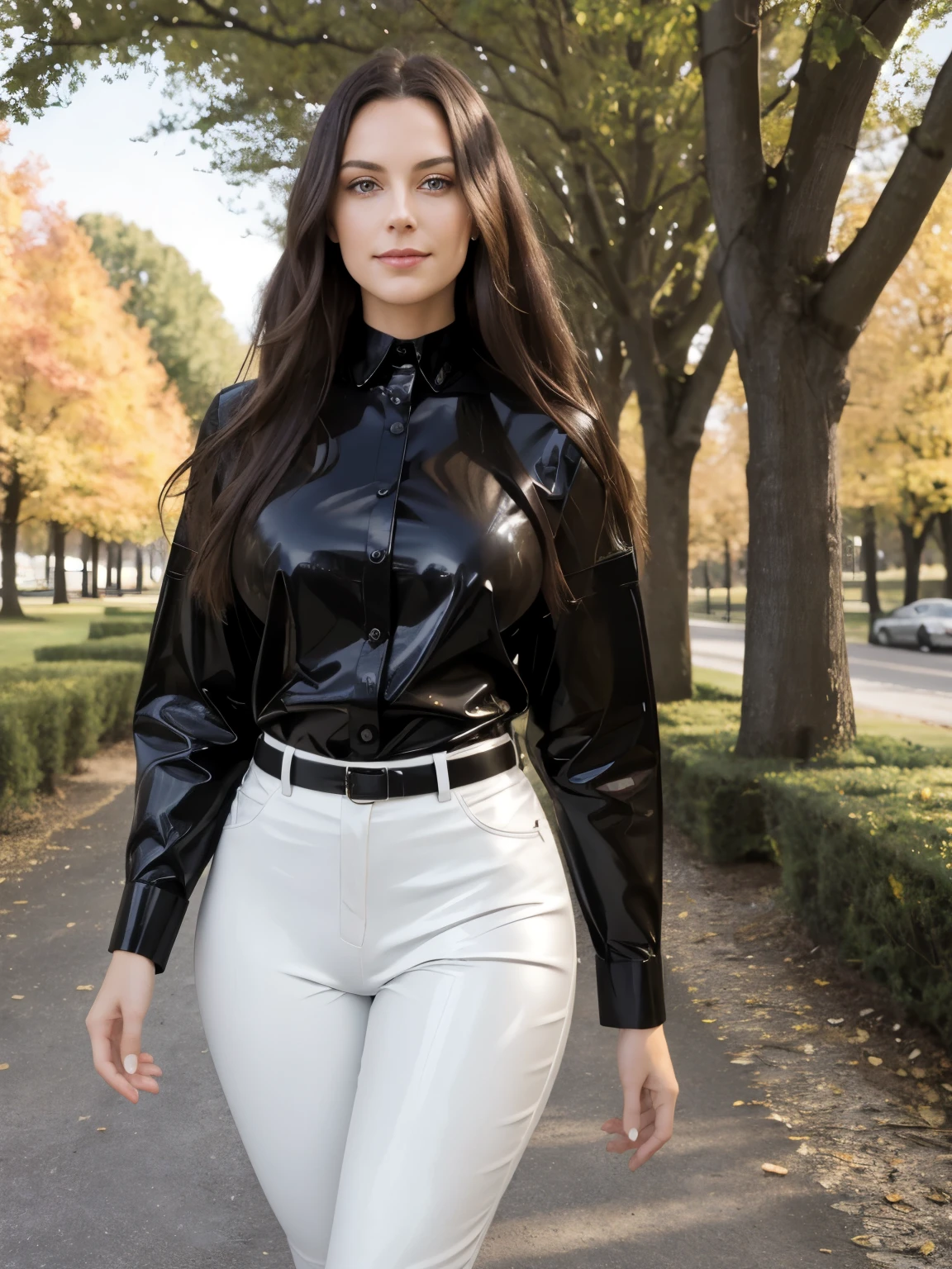 A 31-year-old European woman (looking at the viewer, slight smile), brown hair, black eyes, long hair, light brunette, big legs, wide hips, huge ass, latex pants and long-sleeved shirt, walking in a park. lovely, enhanced, delicate, wind, tree, outdoor, best quality, high quality, high resolution, 8k, photo realistic, raw photo, nikon,