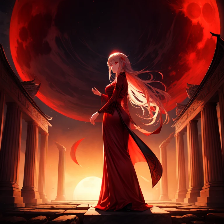 Woman wearing a bright red maxi dress stands in front of the full moon, red moon, dark fantasy style art, Beautiful and elegant vampire queen, Beautiful flowing white hair , praise the 血月,Background ancient temple