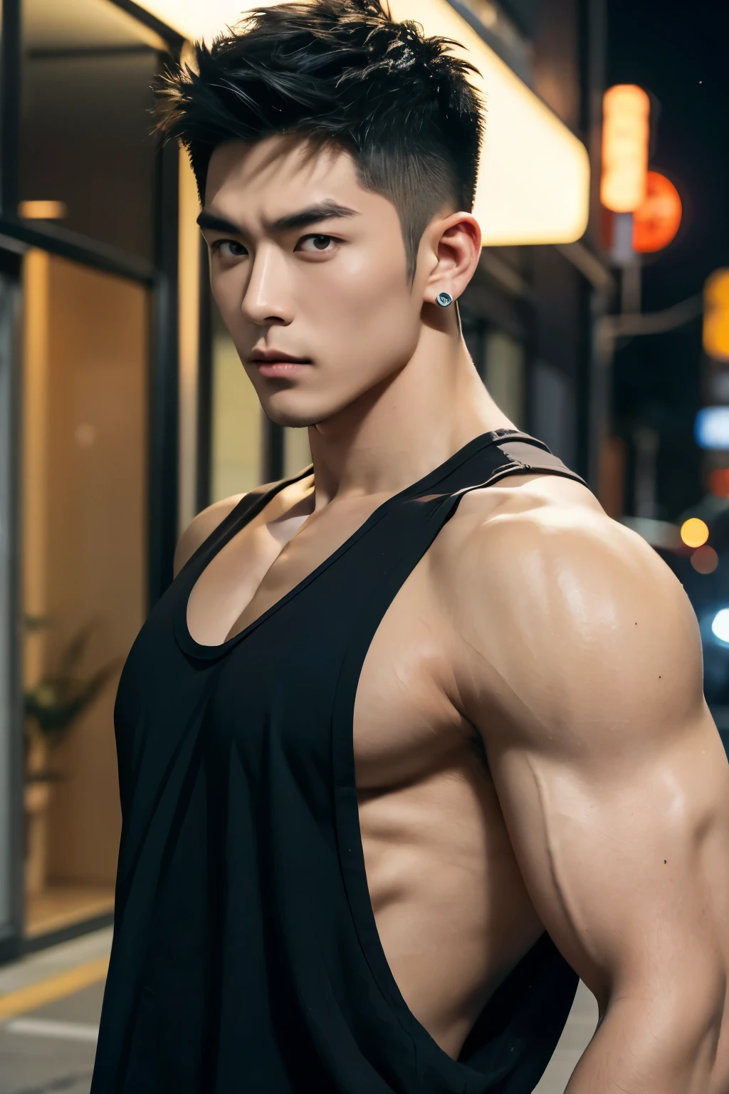 Japanese male male model, big muscles, handsome, cool, smoothly combed hair, pierced ears, wearing a loose tank top, holding a lollipop, portraiture, modeling, dynamic pose, Japanese street, late at night, store lights trade