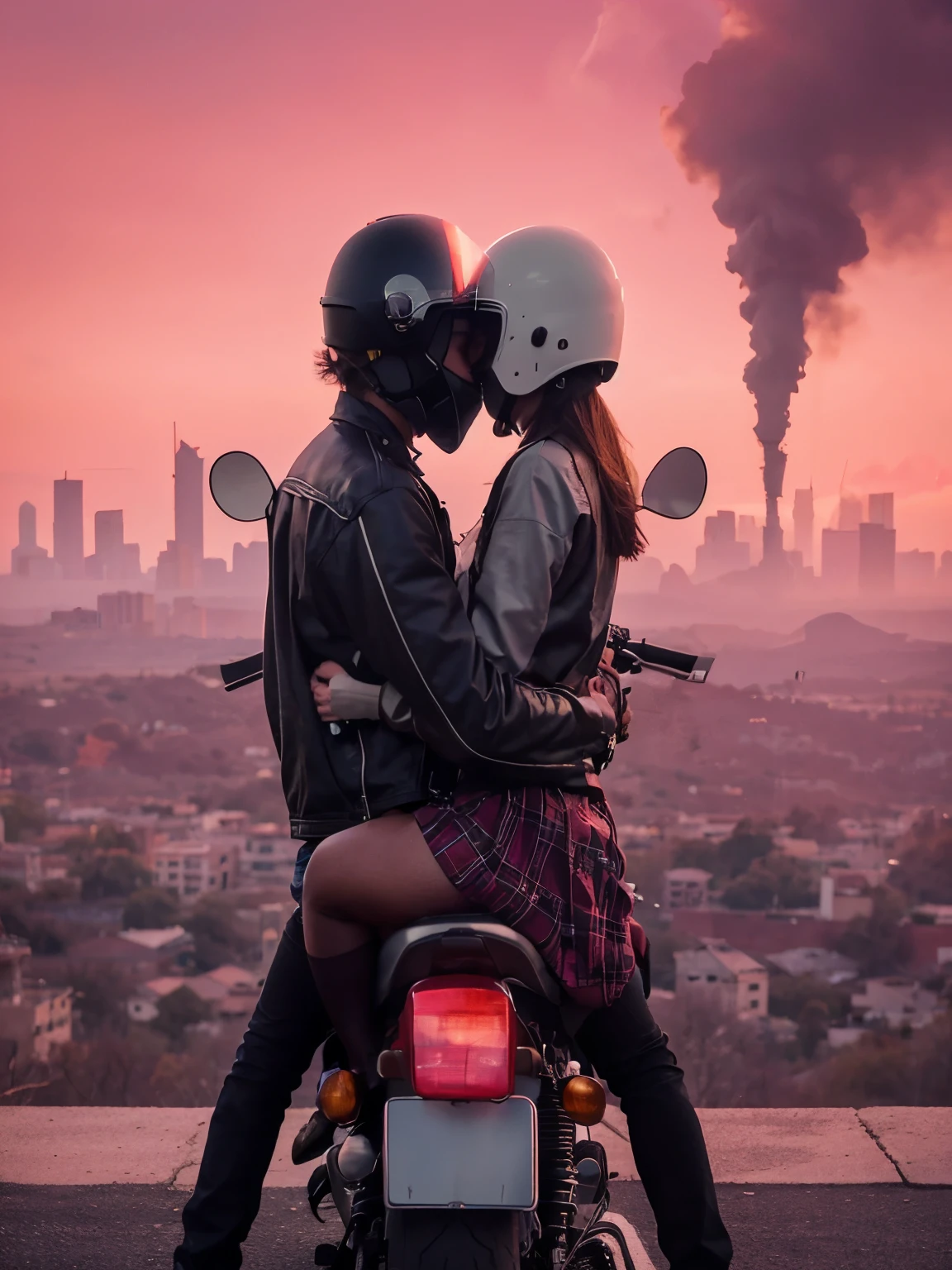 Plano amplio, a young man dressed in a leather jacket on a motorcycle sitting with his helmet covering his face and in front of him a young girl in a school uniform sitting on the motorcycle with her helmet also covering her face hugging as if they were kissing. El paisaje de fondo es la cuidad con el humo de una vengala rosada.