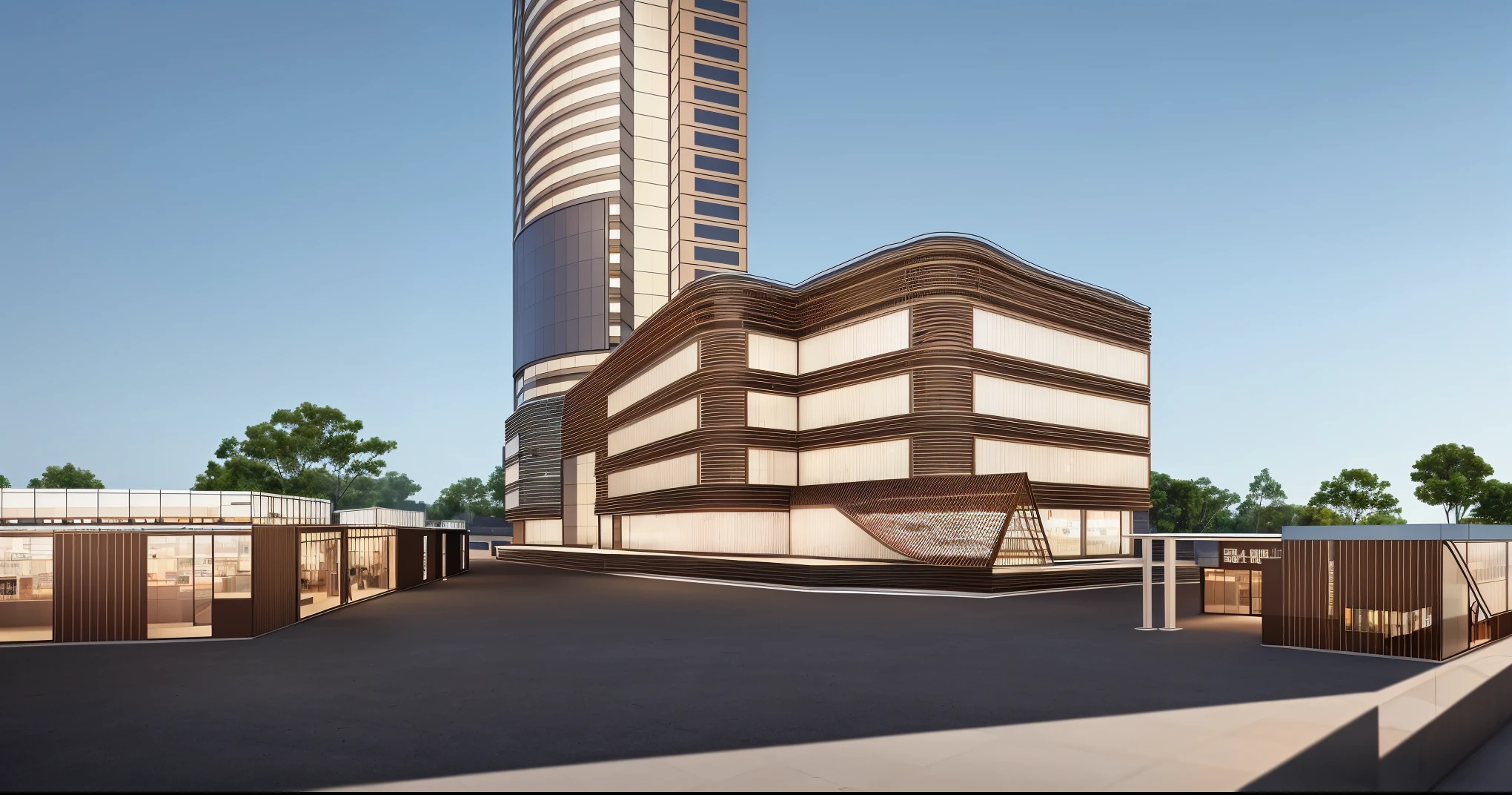 Photos of the building,the main body is a high-rise building,((brown metal outer frame structure of podium:1.6)),the interior is glass curtain wall,(( shops on the first floor:1.9)),outdoor commercial plaza,(people:1.7),((day view:1.3)),(Business:1.4),reflection,daytime scenery,(sunny),(city view:1.3),(outdoor commercial plaza:1.4),(first floor modular store:1.3),green plants,grass,(( Masterpiece:1.4)),(High Quality),Best Quality,Authentic,(Realistic:1.2),Super Detailed,(Full Detail),(4k),8k,