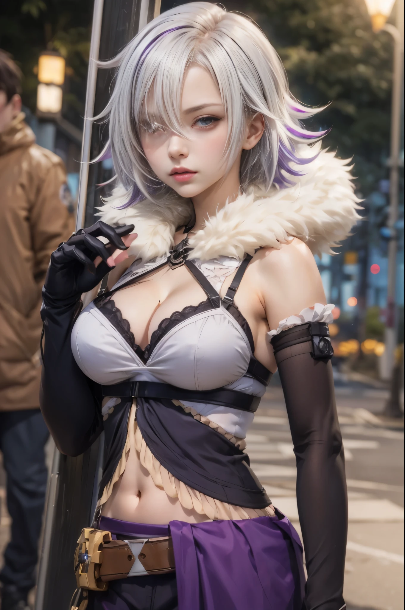 anime - style woman with white hair and purple bra top posing for a picture, 2 b, 2b, from girls frontline, fine details. girls frontline, seductive anime girl, m4 sopmod ii girls frontline, photorealistic anime girl render, badass anime 8 k, 8k artgerm bokeh, detailed digital anime art