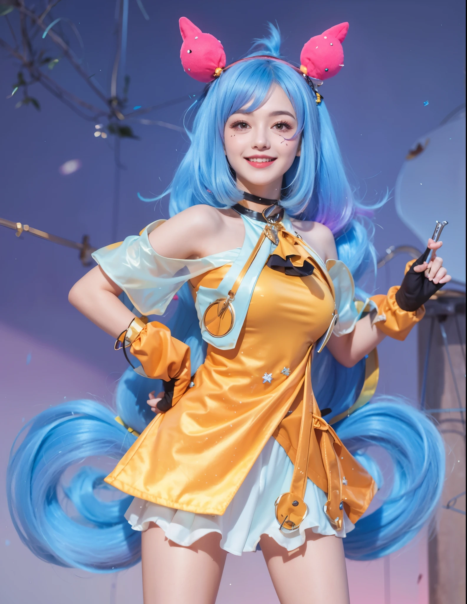 a close up of a girl in a yellow costume, bright blue long hair, purple eyes, cute, ponytail, happy face