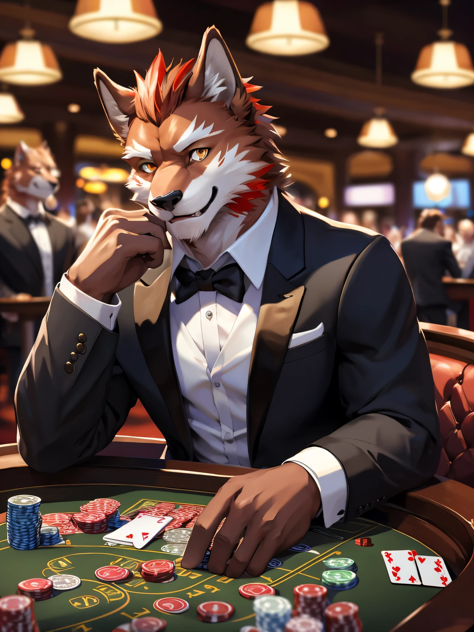 posted on e621, (by Chunie), male, furry, Diederich olsen (/knights college/), anthro, solo, Orange eyes, (Realistic eye details 1.2), casino, Black suit, Red tie, win the game, Playing Poker Texas hold'em, Five-card draw, Omaha hold'em), the place is busy with people around the casino, Slim body, full body like, Abstract beauty, ultra detailed face, depth of field, motion blur, high details, high quality, award winning, HD, 16k, (best quality,4k,8k,highres,masterpiece:1.2),ultra-detailed,realistic:1.37,HDR,UHD,studio lighting,extreme detail description,professional,vivid colors,bokeh,lively atmosphere, natural lighting