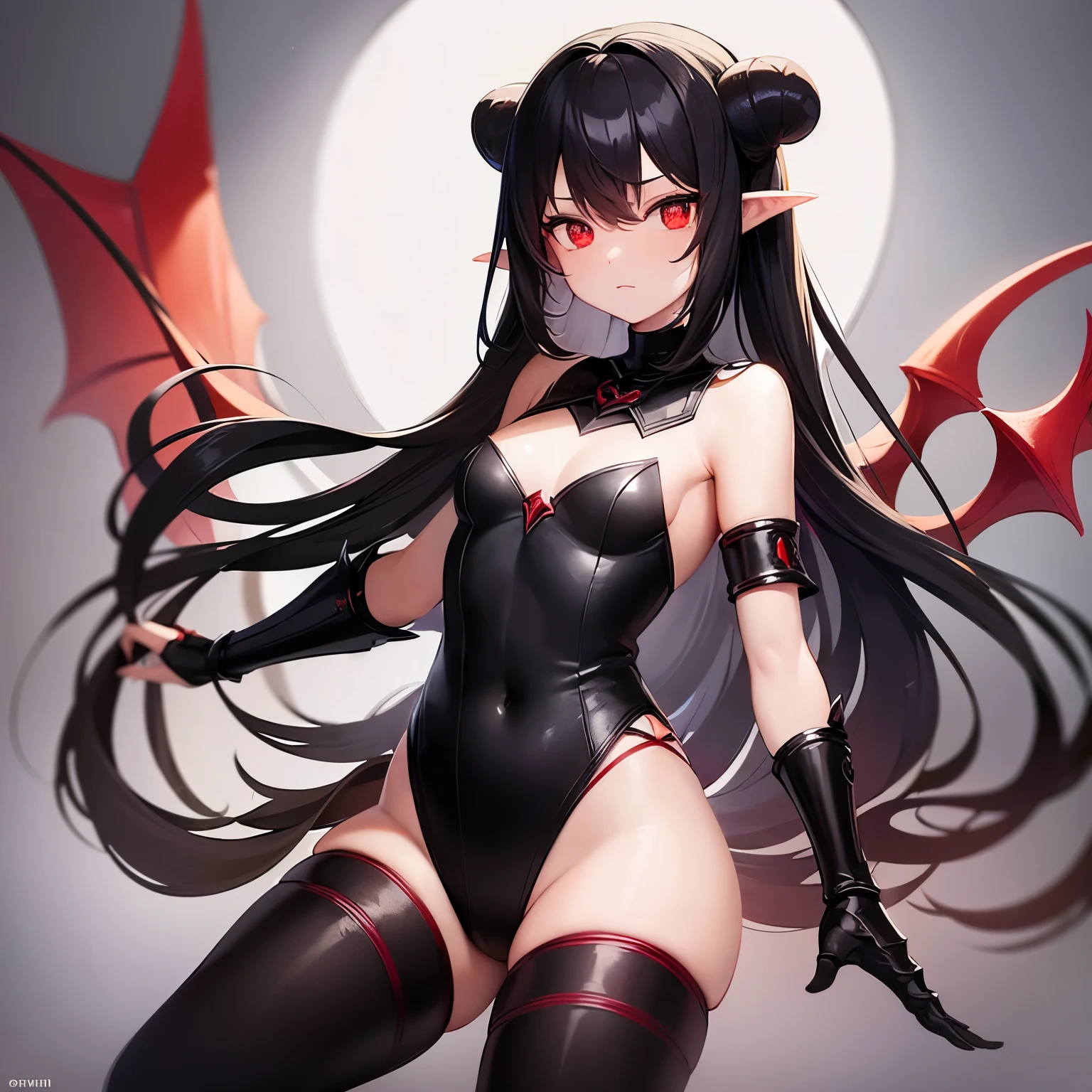 20 year old Girl. Demon. Elbow wings. Red horns. Pointed ears. Black hair. White skin. Light red eyes. Black semi revealing armor. Black gauntlets. Small 