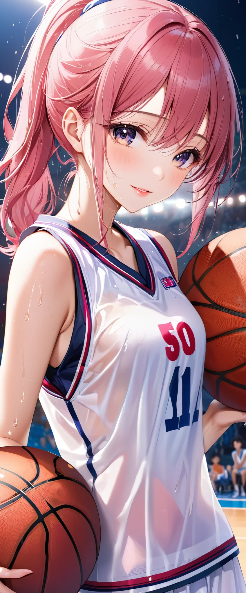 (masterpiece,highest quality,超A high resolution),japanese woman, (((Very beautiful 25 year old girl))), pretty girl、look at the photographer、 ((beautiful low ponytail)), super cute face, glossy lips, double eyelids in both eyes,natural smile、 natural makeup, long eyelashes, Shiny and smooth hair、center image, perfect limbs, perfect anatomy,(((basketball uniform)))、,(wet with sweat),See-through
