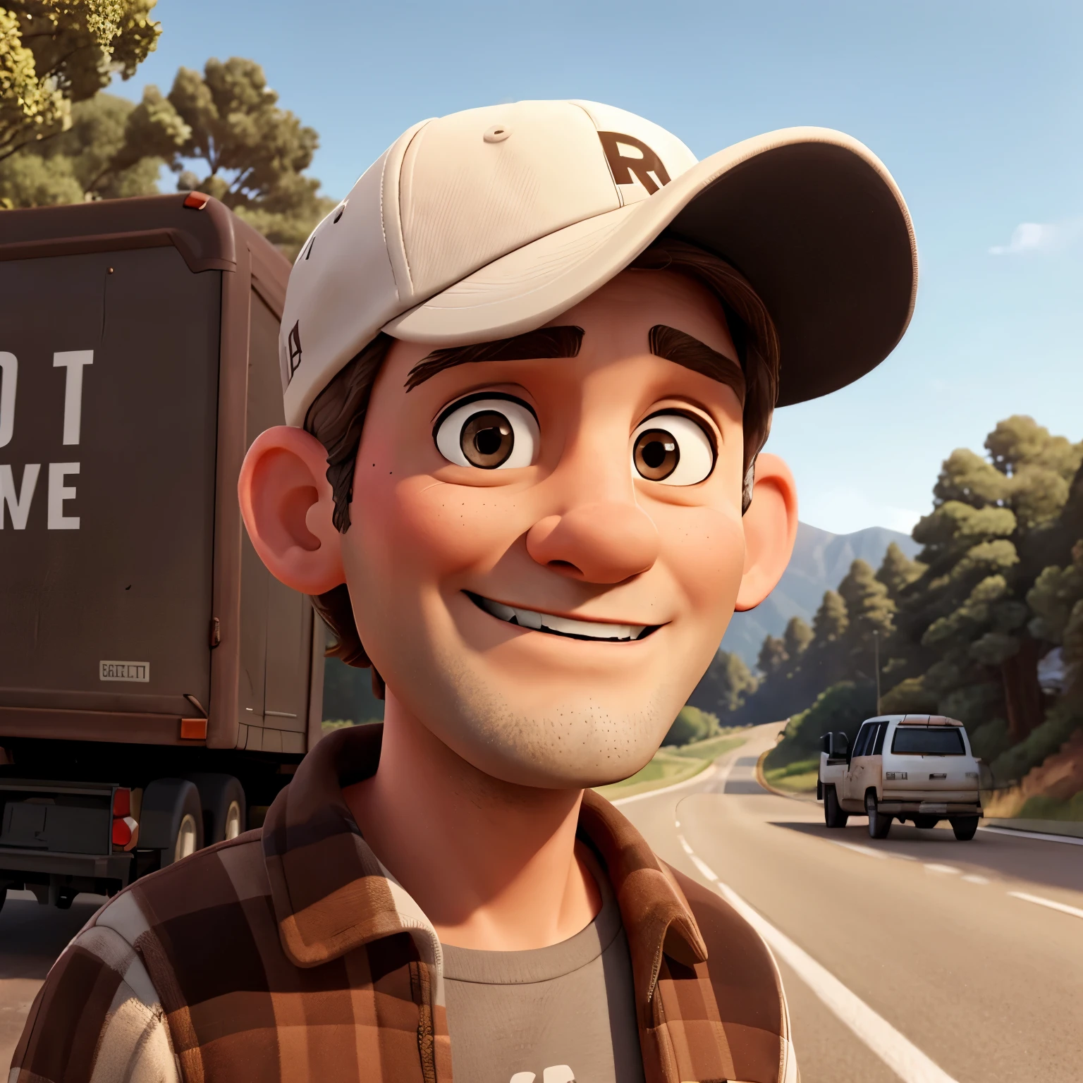 man,short brown hair,white cap,50 years old,beside a truck,road landscape,photorealistic