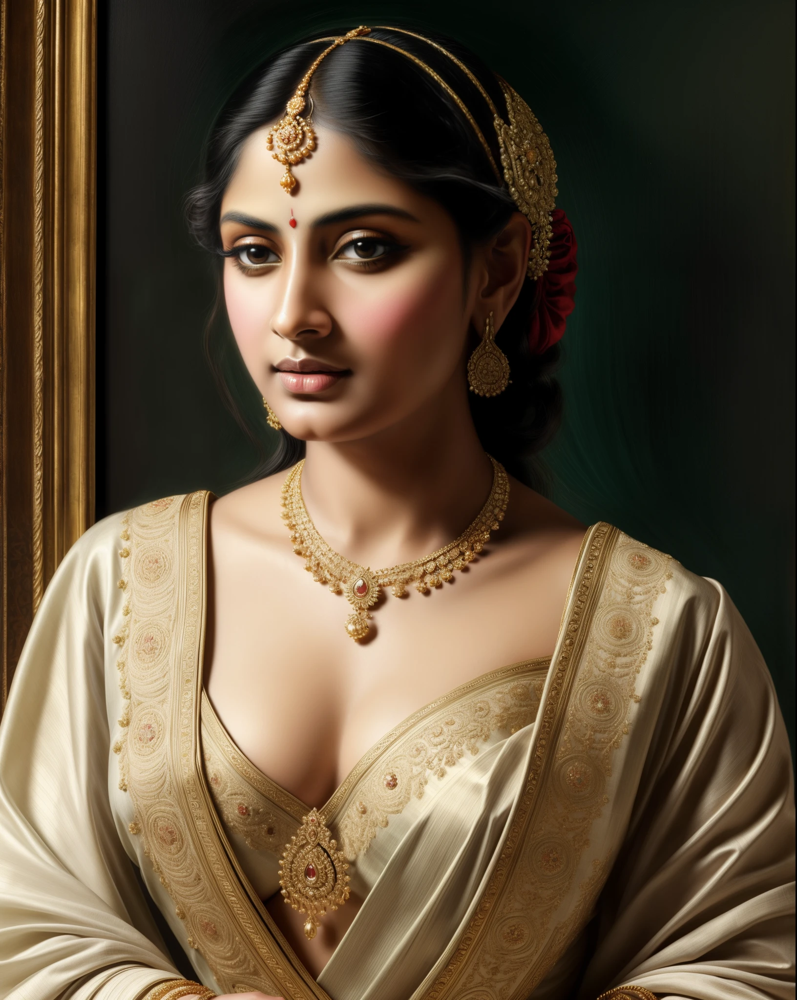 Beautiful Indian Woman, wearing saree, sari Beauty, gorgeous, Apsara, Maharani, royal queen woman, nymph from Hindu Mythology, Urvashi, matchless beauty, Highly detailed, Oil Painting by Peter Paul Rubens inspired by Raja Ravi Varma, Matchless beauty, captivating, gorgeous, heavenly beauty, celestial beauty, by Peter Paul Rubens, 1893, realistic, hyper realistic, micro details, incredible artwork, insane details, ultra High resolution, 8k, 32k,  acrylic on canvas, intricate, flawless, detailed, detailed face, detailed eyes, masterpiece, by Peter Paul Rubens, by Caravaggio, by William Adolphe bouguereau, perfect face, perfect body, beautiful art, realism, baroque, renaissance Art, highly textured, beautiful and detailed eyes, uhd, best quality,