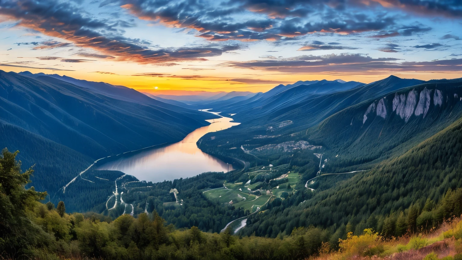 aerial view, glider (DG Flugzeugbau DG-800) high in the air,  beautiful view, panorama, landscape, mountain view, lake, roads, forest, some vilage, clouds, beautiful sunset, golden hour, raw photo, hdr, realistic photography, 