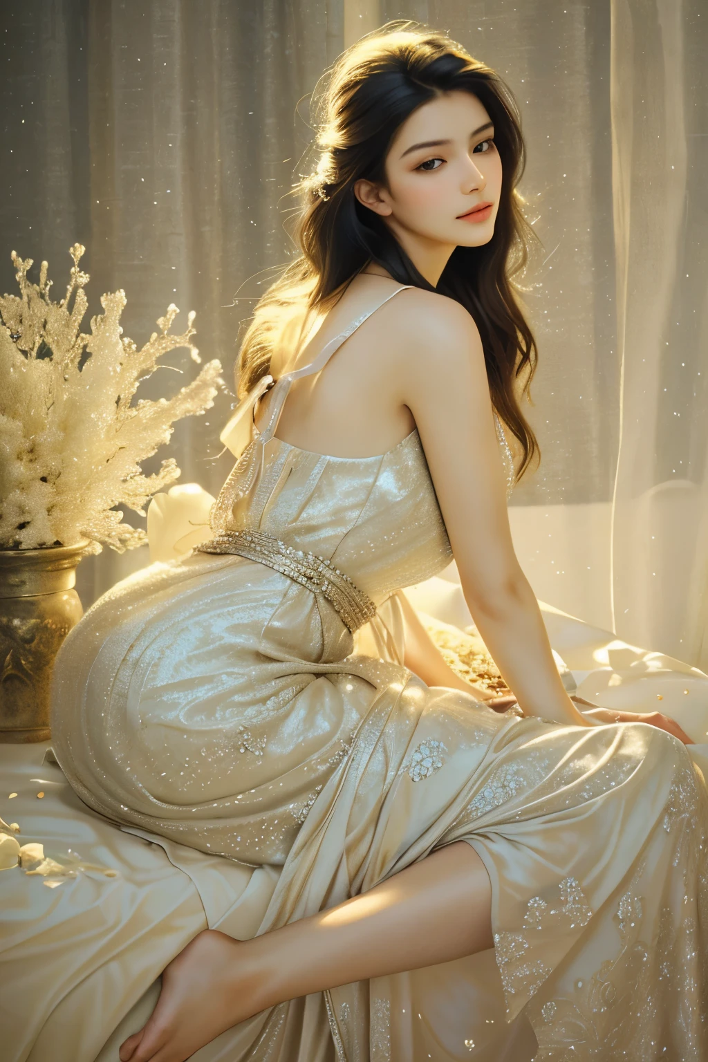 (best quality,highres:1.2),portrait,beautiful woman,white face,floral ornaments,delicate details,feminine elegance,serenity,soft lighting,vibrant colors,naturalistic style,luminous skin,long flowing hair,intense gaze,subtle smile,graceful pose,ethereal atmosphere,translucent dress,undulating flowers,tender petals,dreamy ambiance,artistic composition,perfect proportions,high fashion aesthetics,elegant background,subtle color palette,sublime beauty,exquisite jewelry,lovely blend of tradition and modernity,fine brushwork,masterful technique,lifelike representation,captivating charisma,emotional depth,sublime artistry,fine art photography,visual poetry,vivid visual storytelling