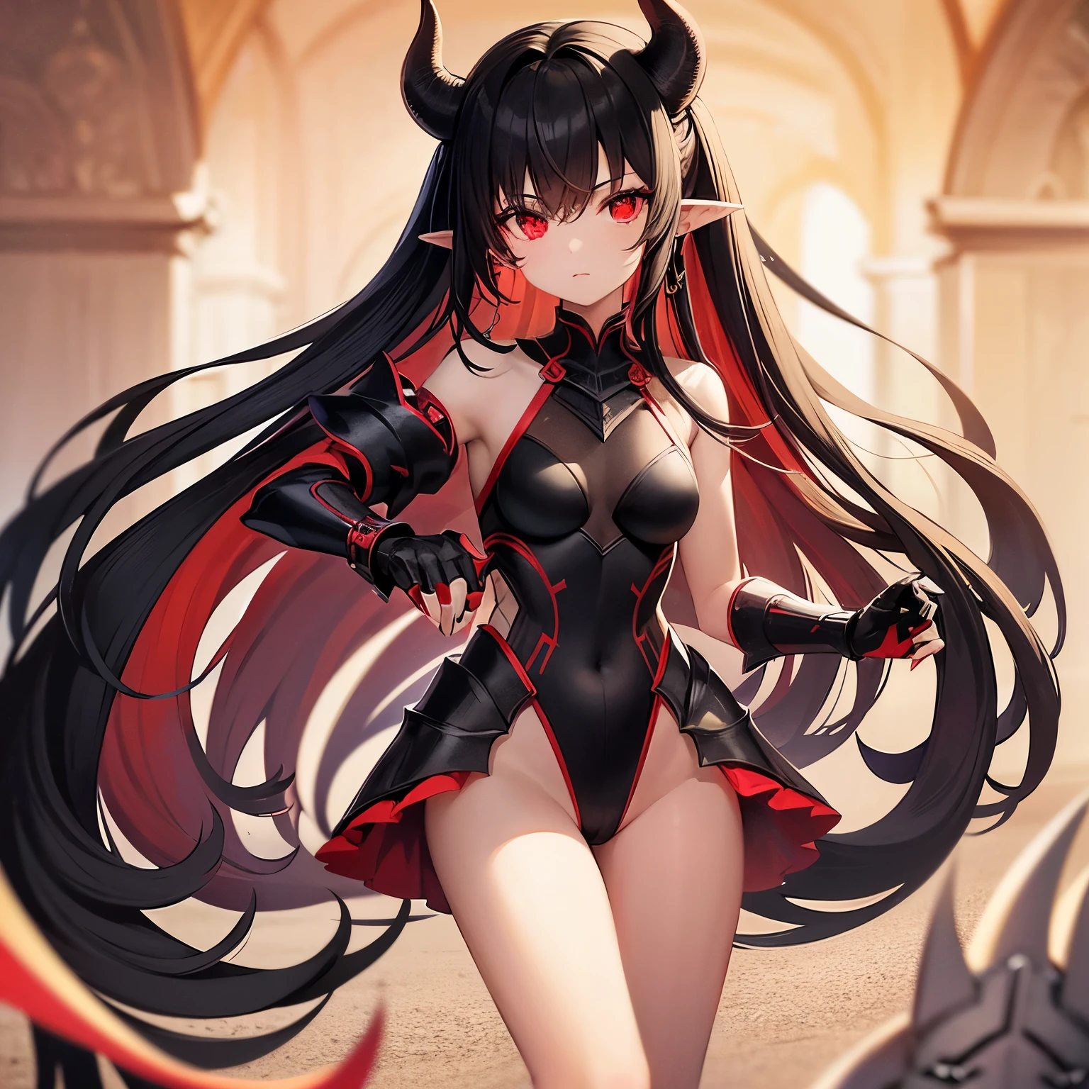 20 year old Girl. Demon. Elbow wings. Red horns. Pointed ears. Black hair. White skin. Light red eyes. Black semi revealing armor. Black gauntlets. Small