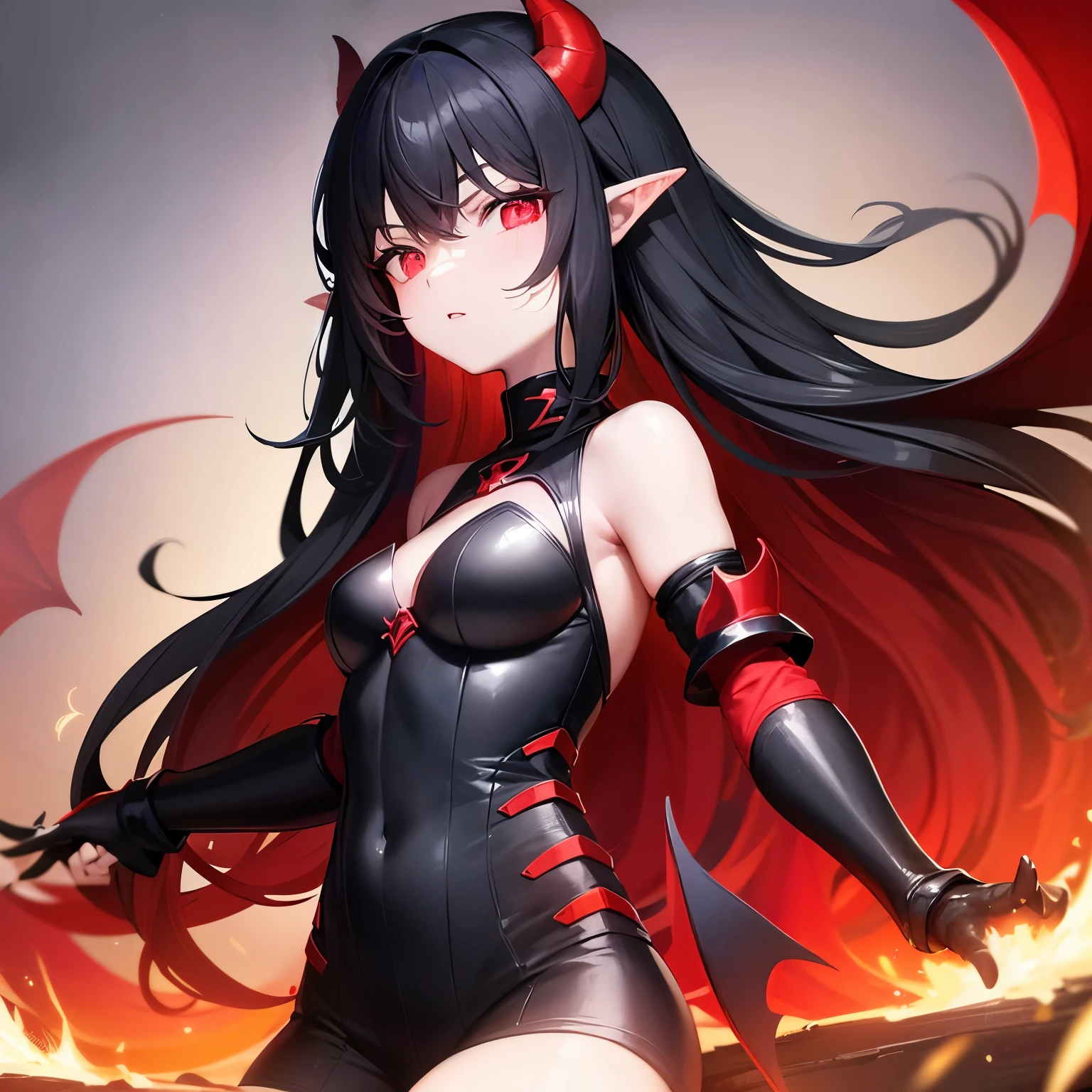 20 year old Girl. Demon. Elbow wings. Red horns. Pointed ears. Black hair. White skin. Light red eyes. Black semi revealing armor. Black gauntlets. Small 