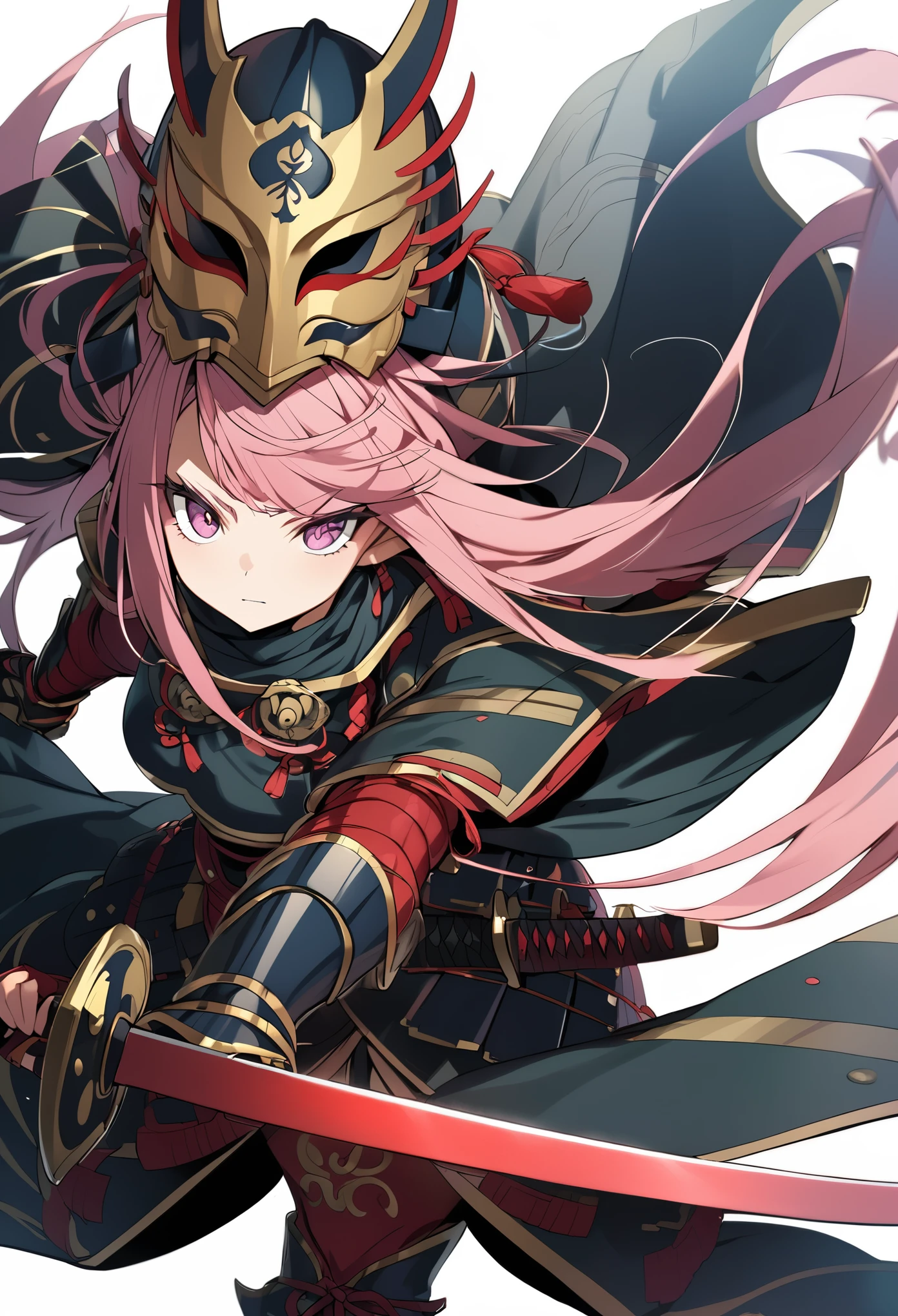 Girl, pink messy hair, hanya masked, full figures samurai armor, samurai helmet, wielding katana sword, white background