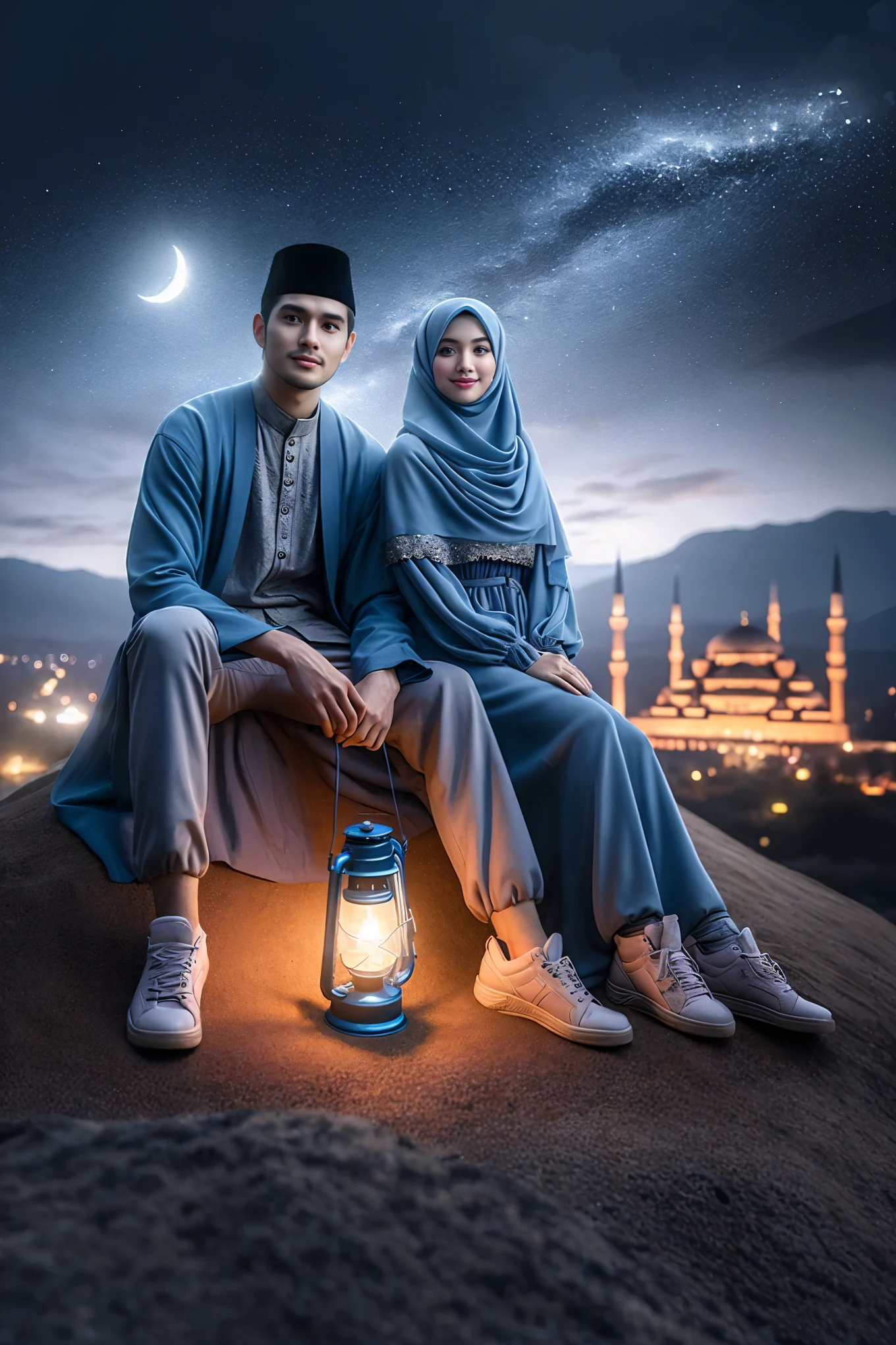 muslim couple sitting on a hill with a lantern in front of a mosque, lovely couple, photography shot at blue hour, by Abidin Dino, at night with moon light, portrait shot, by Basuki Abdullah, โ๐ช๐๐ฉ๐พ, romantic couple, perfect composition and lighting, realism art, โจ๐๐, at twilight, sitting on a moon
