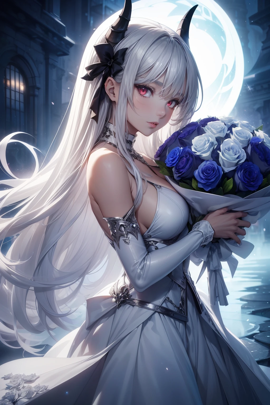 (best quality, 4k, 8k, highres, masterpiece:1.2),
	ultra-detailed,
	detailed face,
	detailed lips and eyes,
	anime style,
BREAK Tanin-the-succubus beautiful caucasian woman with straight long (silver hair:1.5),
	(red eyes:1.3),
	attractive appearance,
	detailed face,
	detailed lips and eyes,
	goat horns,
	expressive face,
	voluptuous,
	bangs,
	hair between eyes,
BREAK ((white theme)),
	beautiful cool warrior girl,
	ultra detailed transparent water body,
	glowing blue eyes,
	imargin/walking from water portal,
	glowing night street,
	magical and urban atmosphere,
	cinematic lighting,
BREAK ((A very beautiful demon girl holds a (((large flower bouquet))) in her hands)),
	(white roses:1.4),
	(standing on glowing magic circle:1.3),
	(blurred background),
	(luminous background),